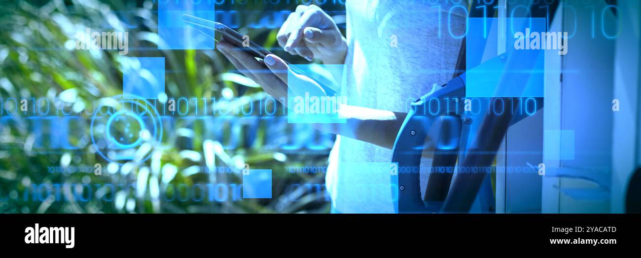 interface against woman using digital tablet at charging station Stock Photo