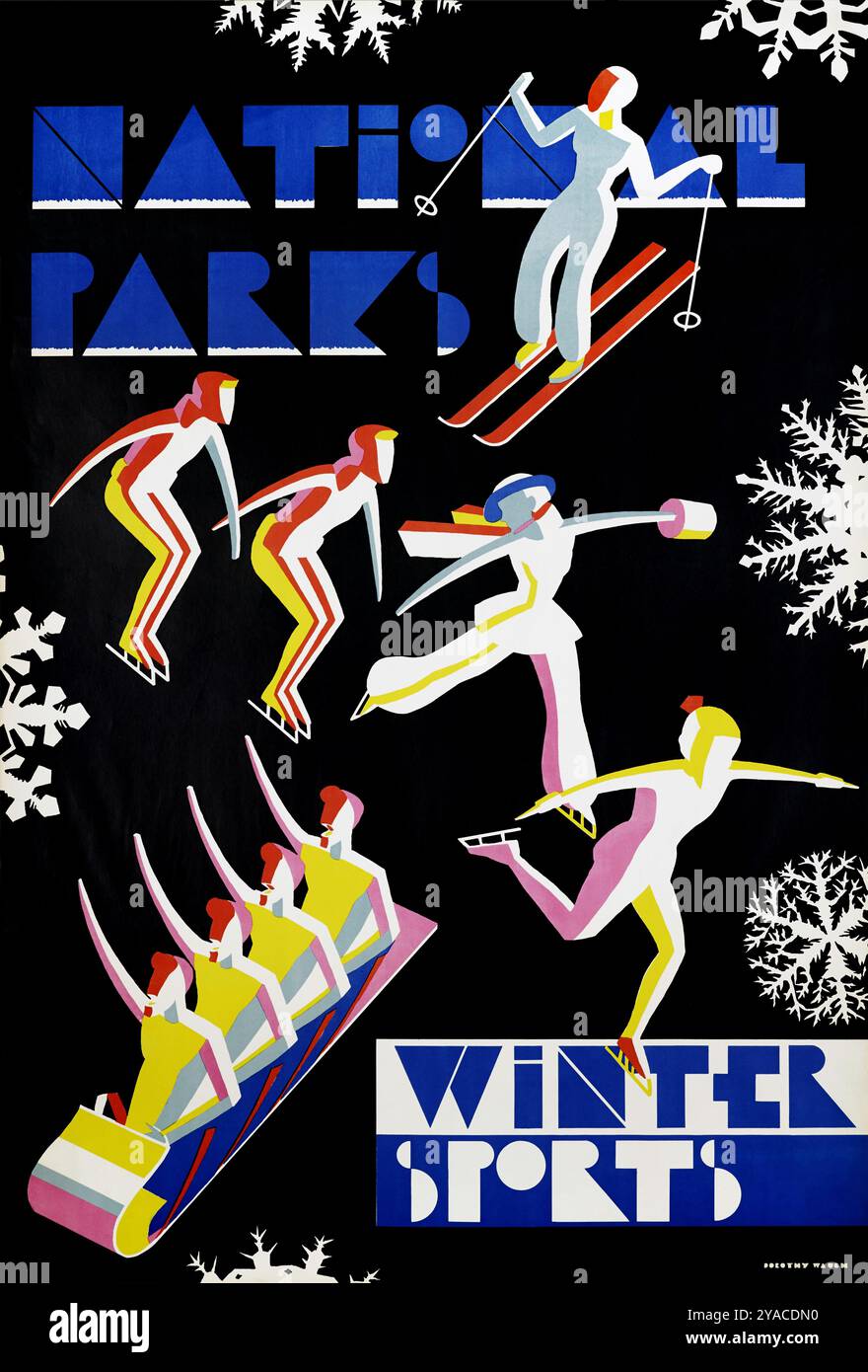 National Parks. Winter Sports by Dorothy Waugh (1906-1996). Poster published in 1936 in the USA. Stock Photo