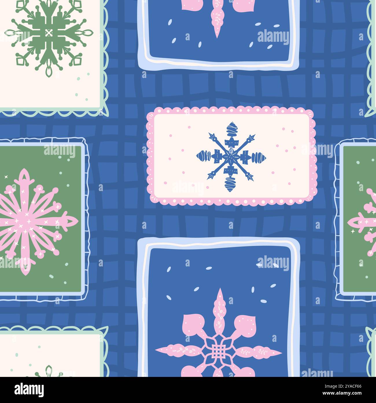 Various snowflake in decorative frames seamless pattern. Winter holidays endless background. Vector hand drawn flat illustration. Stock Vector
