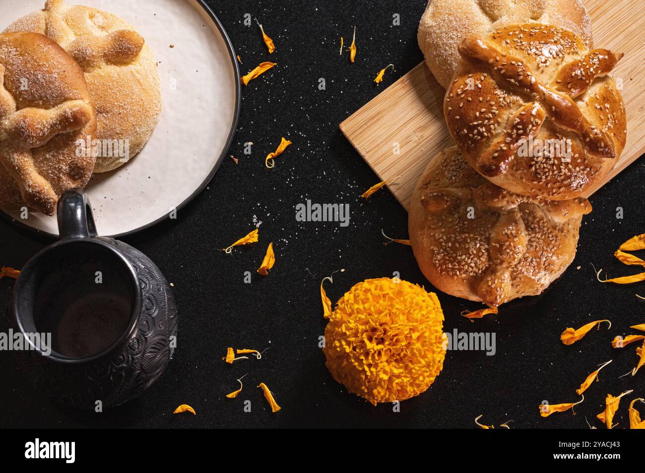 Pan de Muerto. Typical Mexican sweet bread that is consumed in the season of the day of the dead. It is a main element in the altars and offerings in Stock Photo