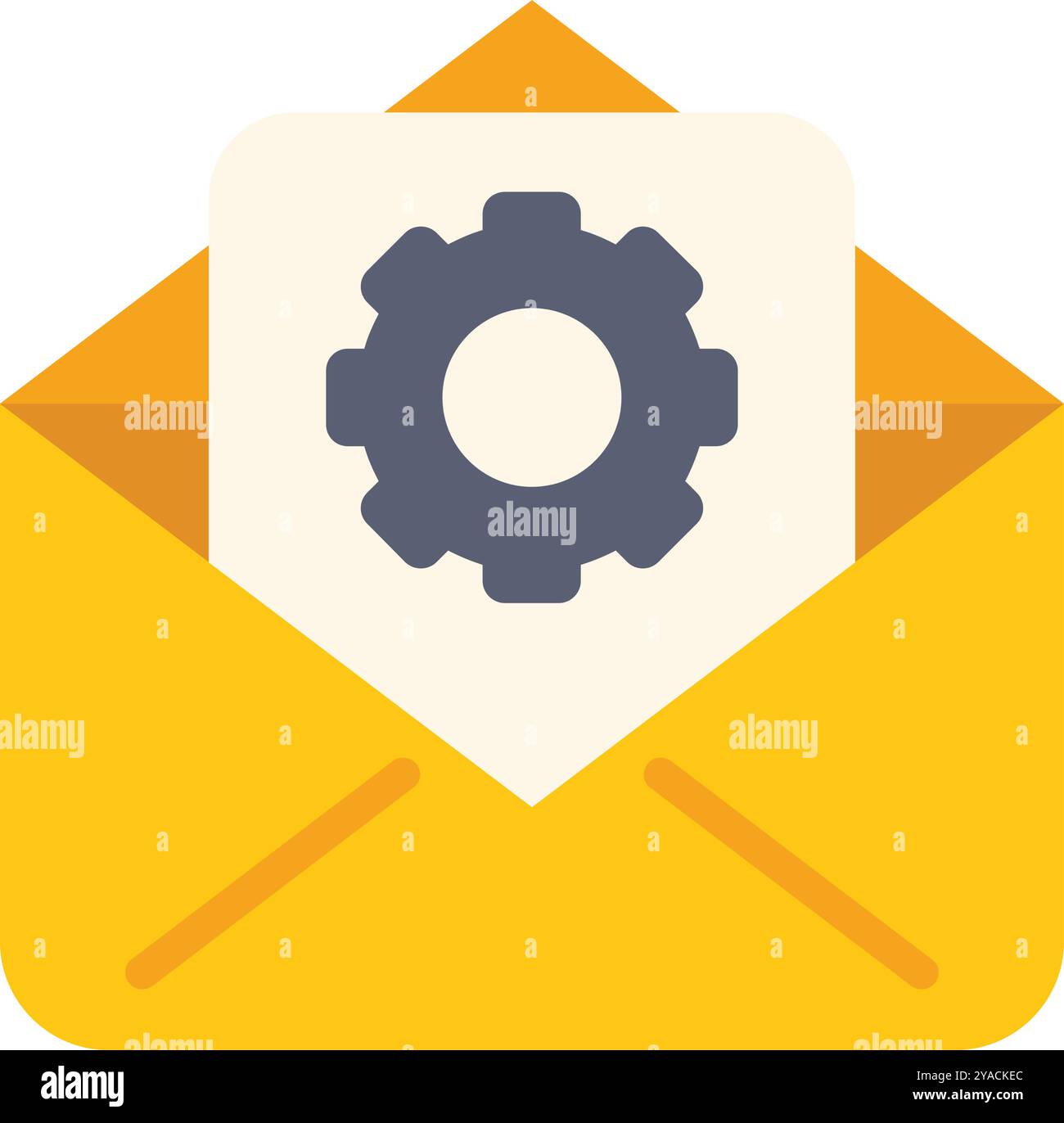 Open yellow envelope containing document with gear icon representing email settings Stock Vector