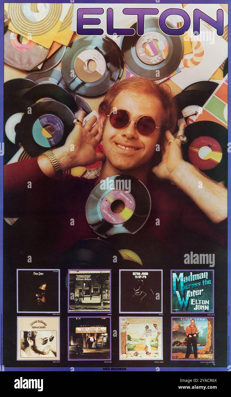 Piano great, popsinger Elton John, MCA Records Promotional Poster. Published in the USA 1974 and feat. eight of Eltons album covers Stock Photo