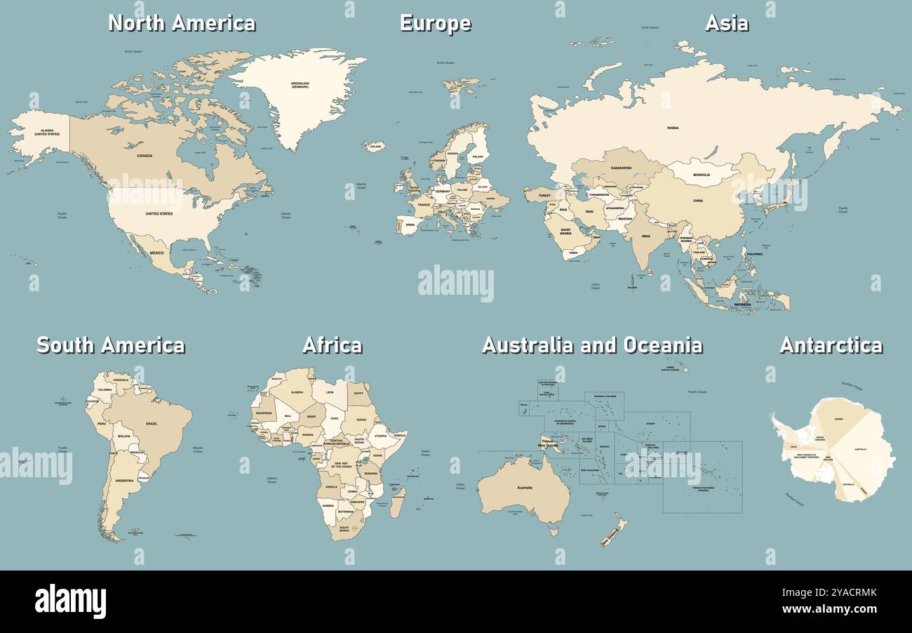 All World Continents Detailed Political Isolated Maps In Soft Beige All World Continents Detailed Political Isolated Maps In Soft Beige Color Palette With Names Of Countries Seas Oceans The Continents Are Proportion 2YACRMK