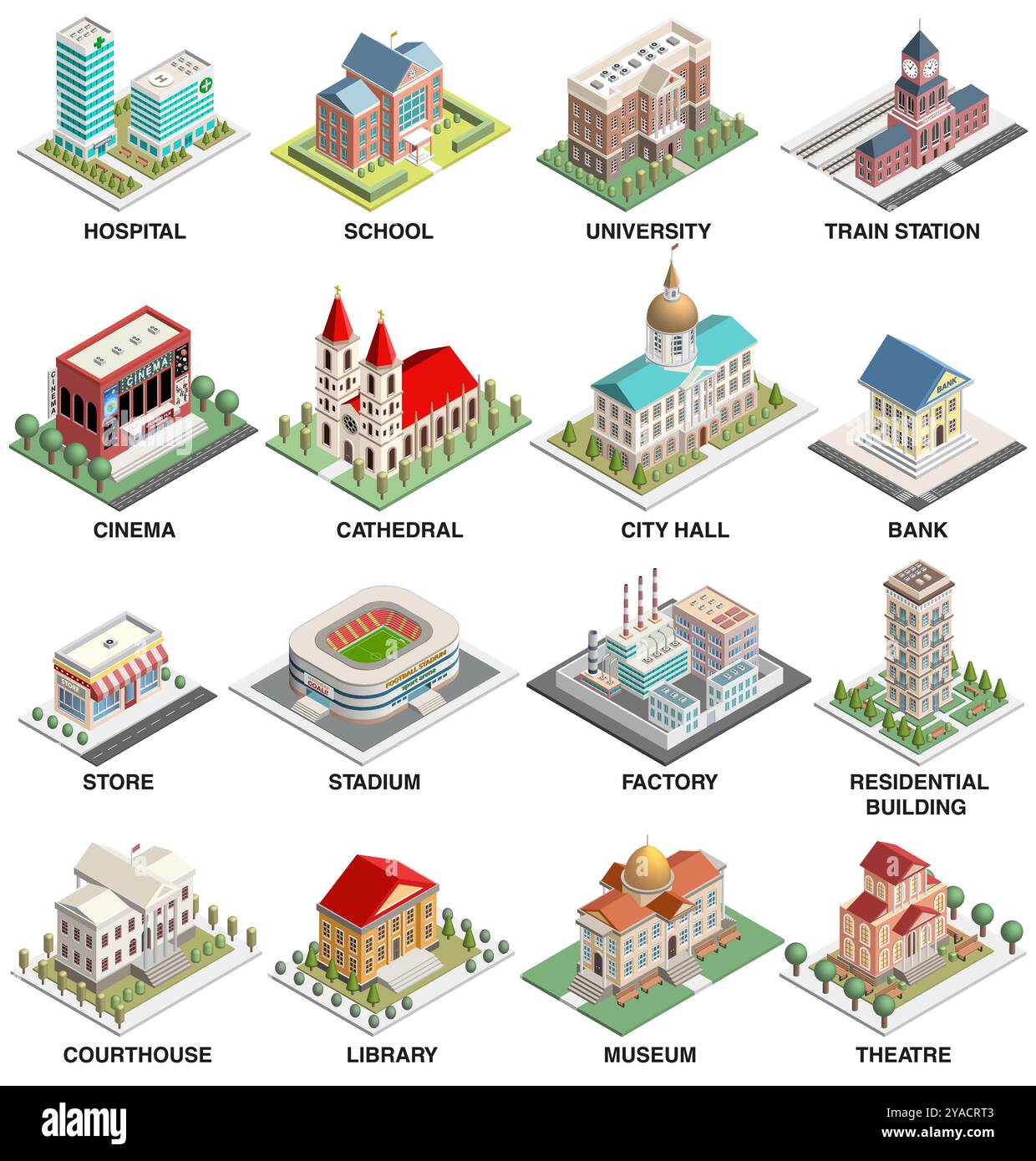 City public and municipal buildings vector set. Detailed isometric isolated illustrations. Hospital, school, university, cinema, cathedral, city hall, Stock Vector