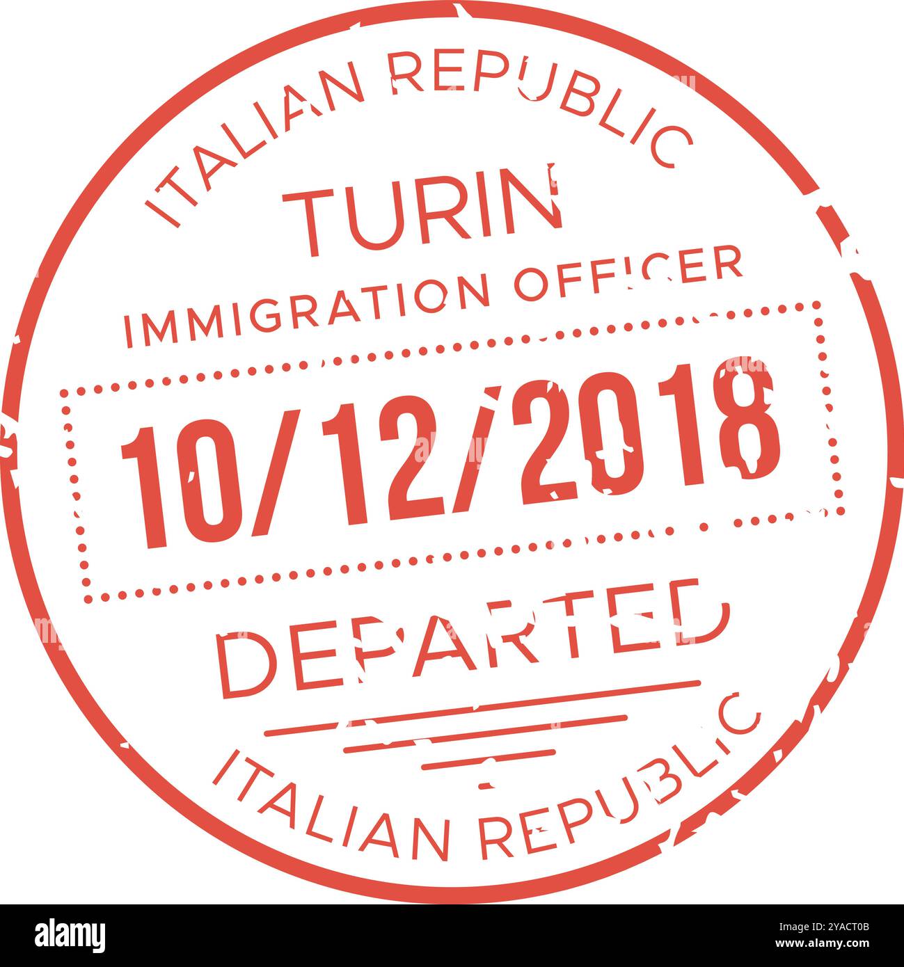 A red immigration stamp imprint marks the departure date of October 12 2018 from Italy issued in Turin by an immigration officer Stock Vector