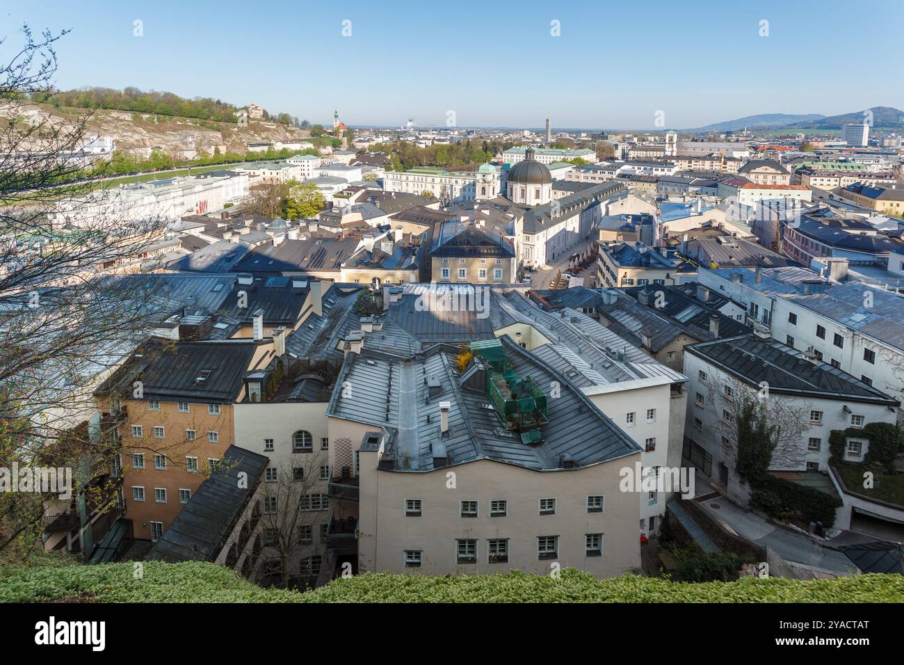 Panorama view of the historic buildings in downtown Salzburg along the ...