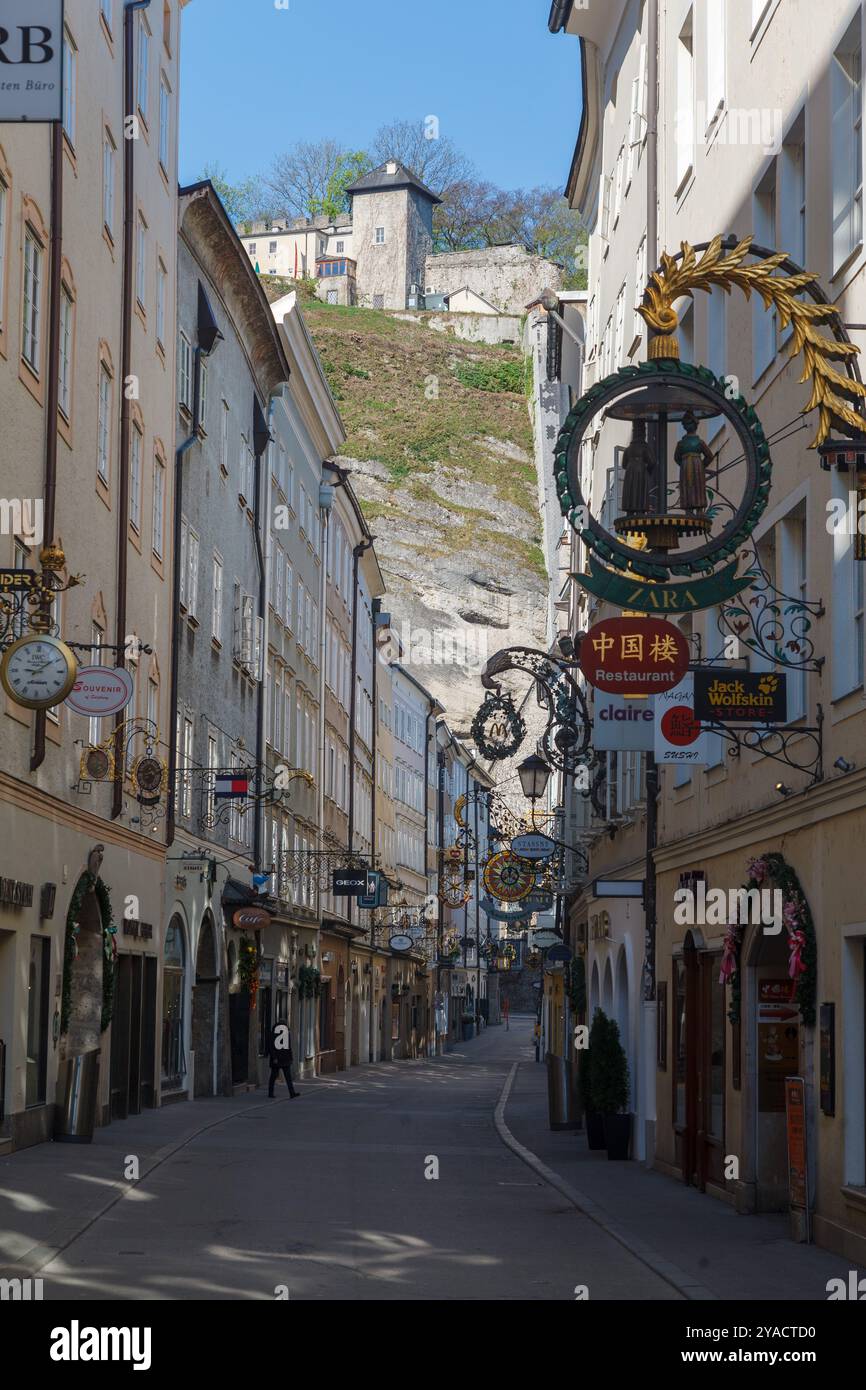 Elegant Getreidegasse shopping street in downtown Salzburg, Austria and ...