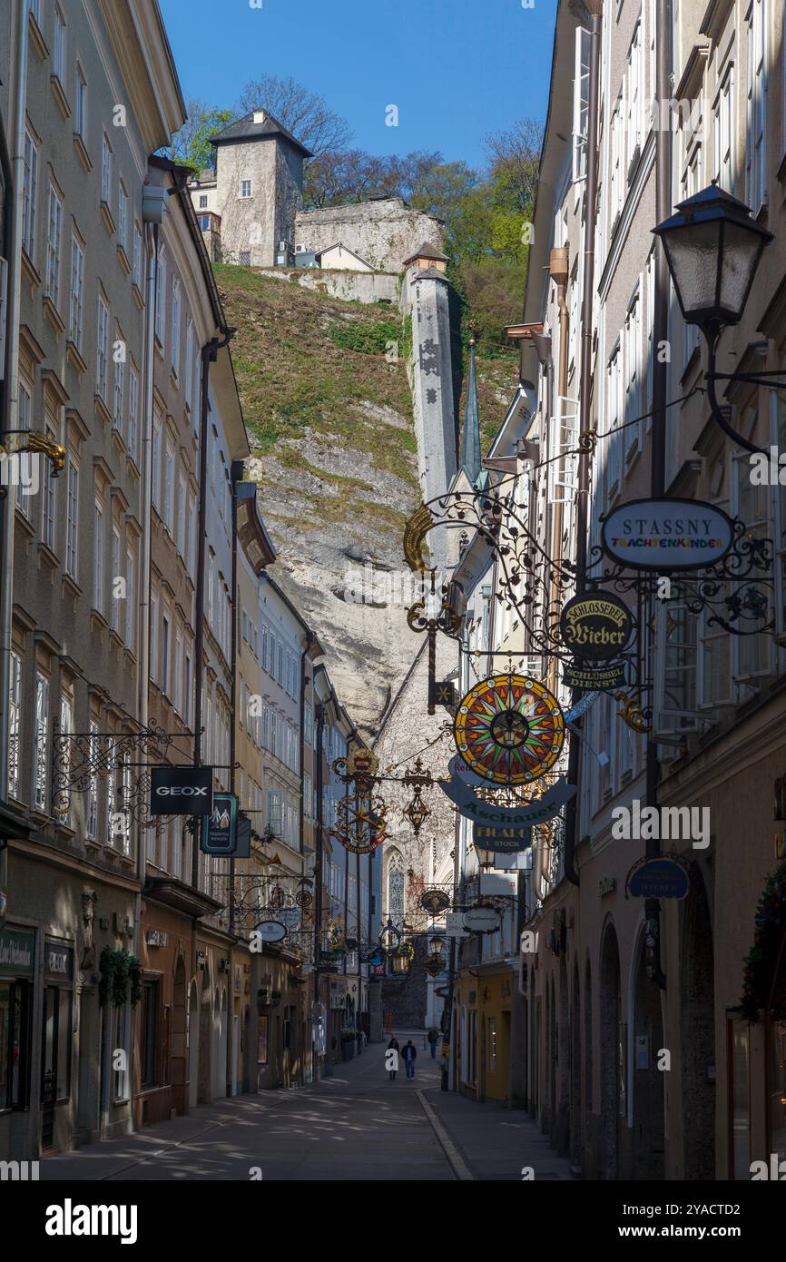 Elegant Getreidegasse shopping street in downtown Salzburg, Austria and ...
