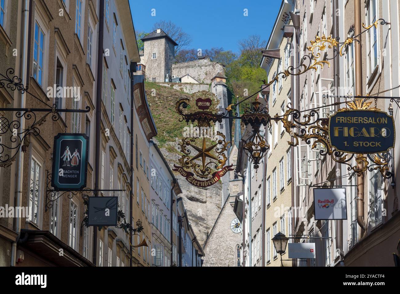 Elegant Getreidegasse shopping street in downtown Salzburg, Austria and ...