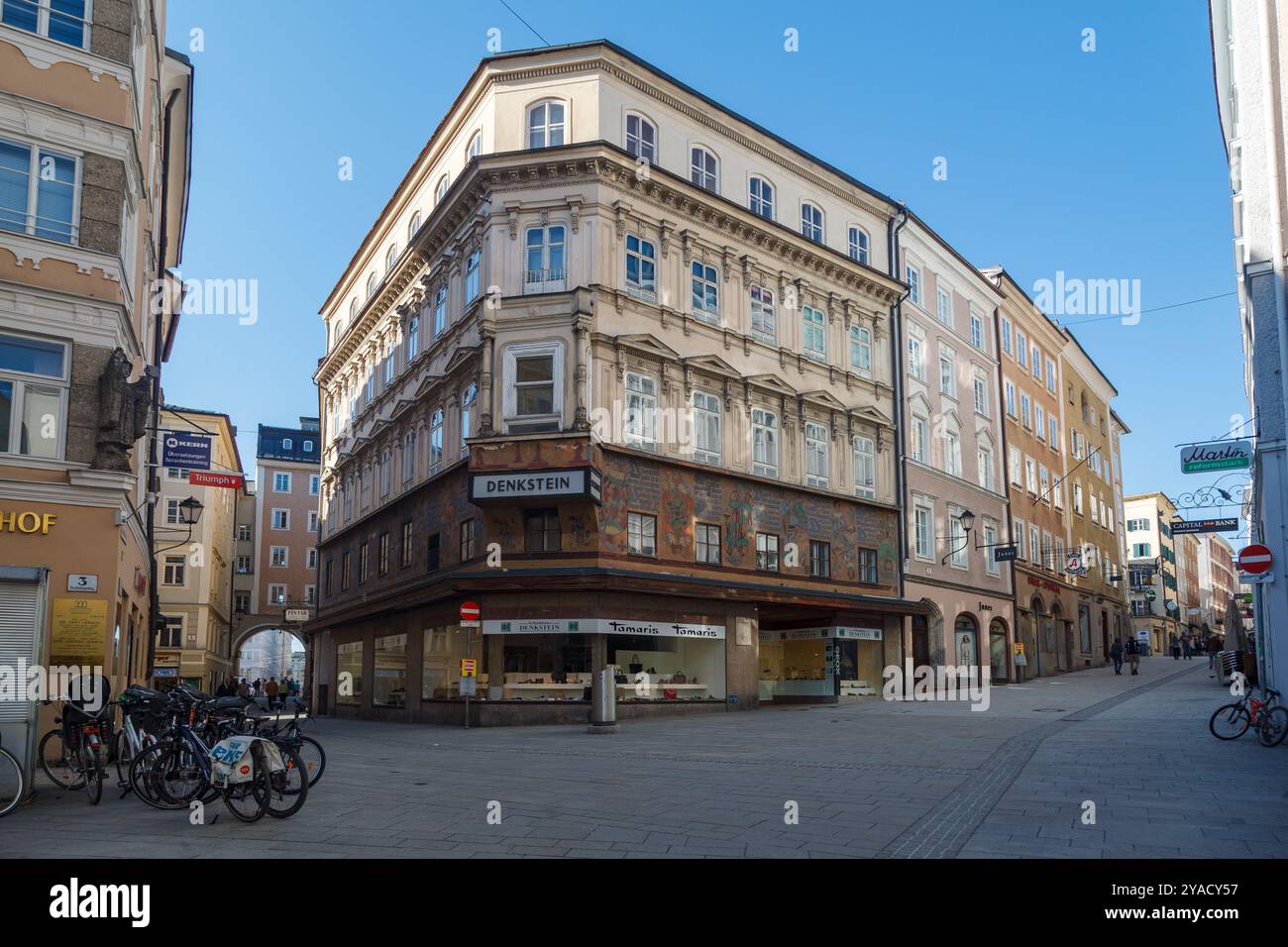 A large Historic building facade in downtown Salzburg, Austria Stock ...