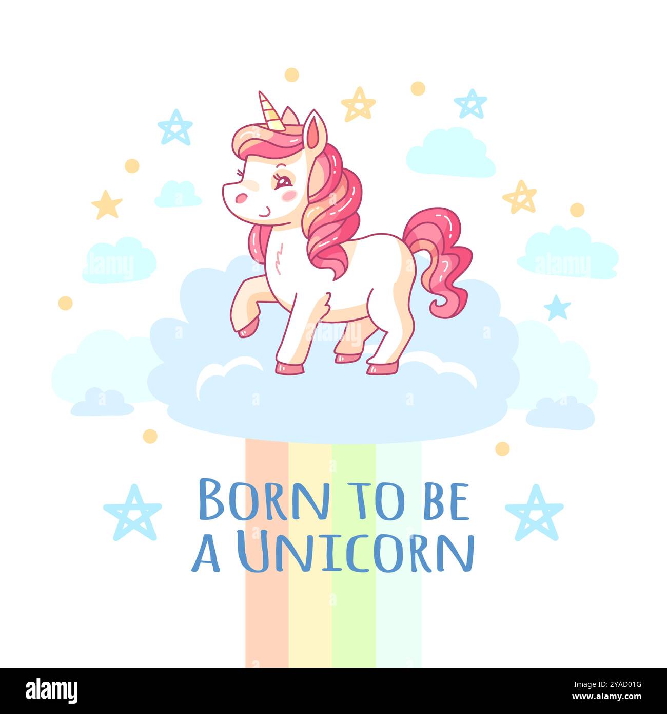 A whimsical unicorn stands on a fluffy cloud surrounded by stars and a ...