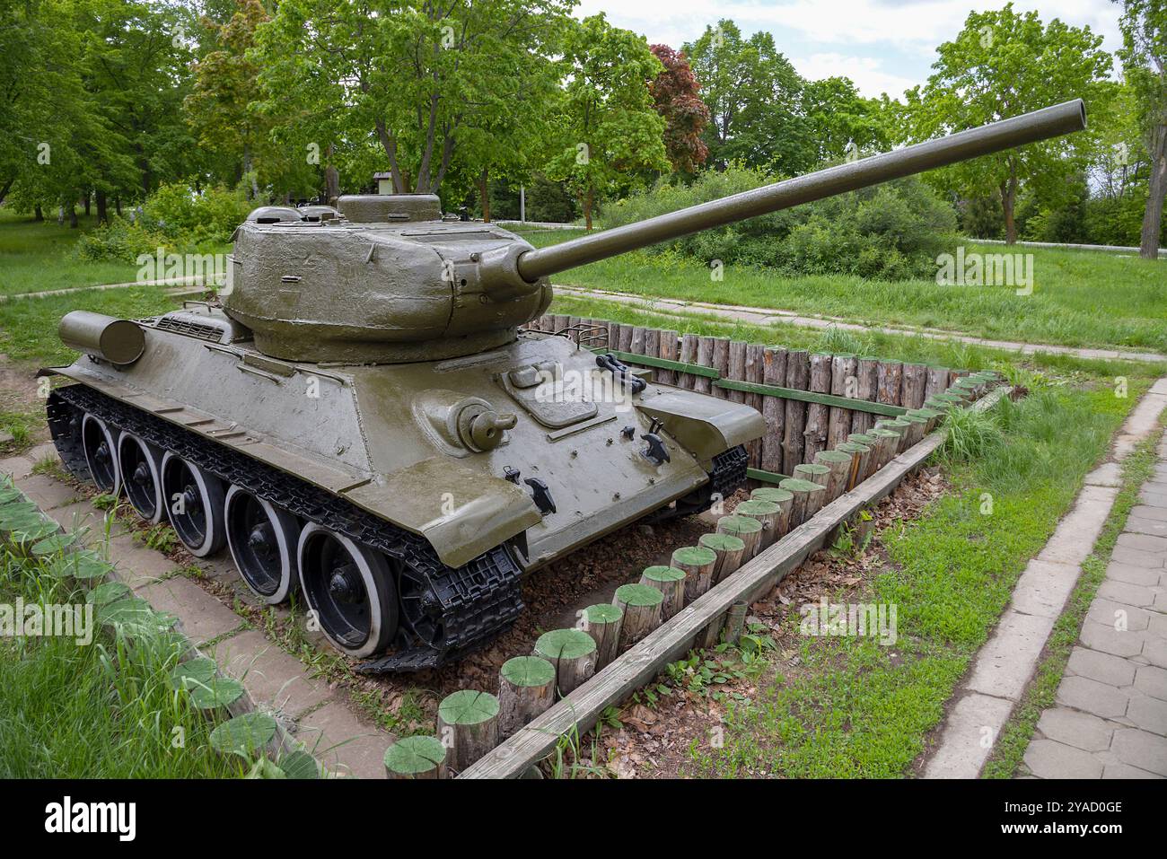 SARATOV, RUSSIA - MAY 03, 2024: The T-34-85 medium tank is on display at the Museum of Military and Labor Glory. Saratov Stock Photo