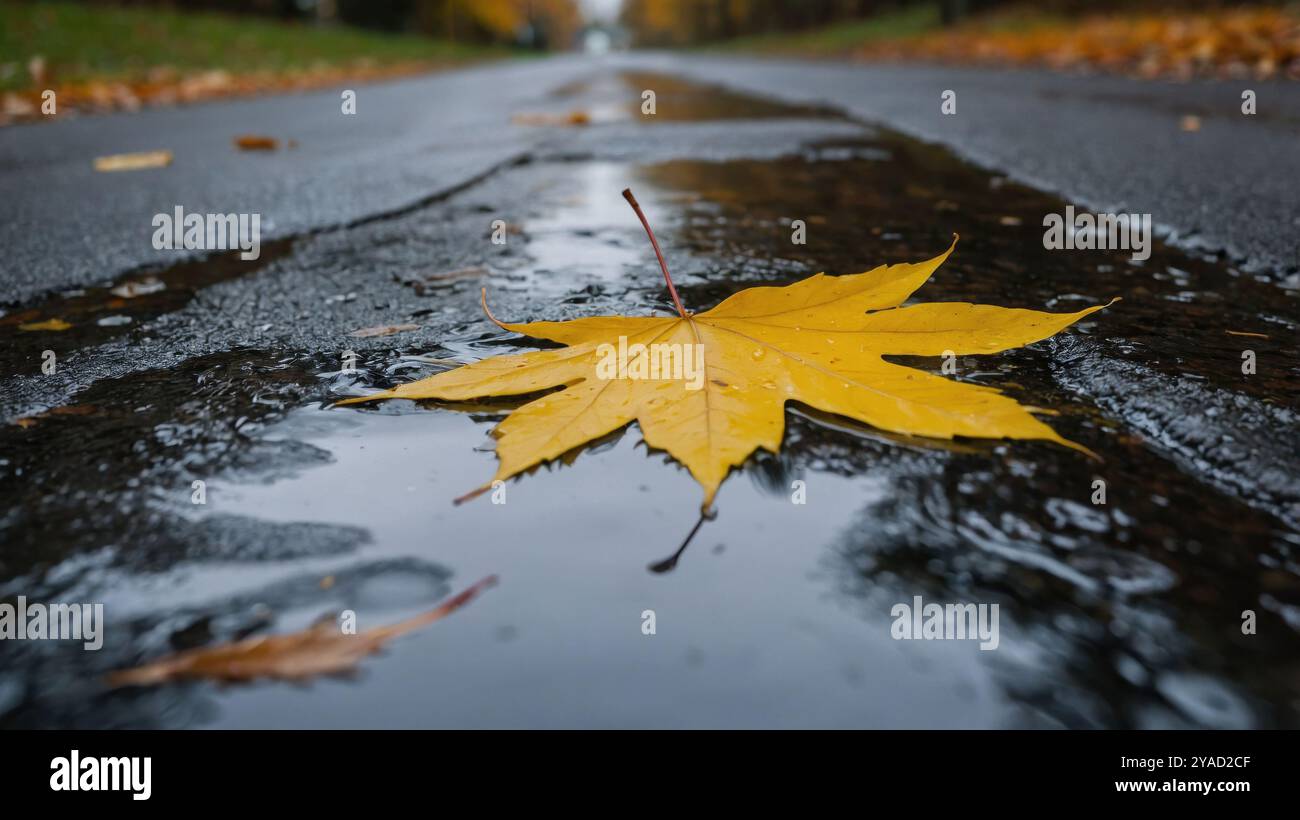 Yellow leaves in the puddle, autumn rainy day, dark background, moody ...