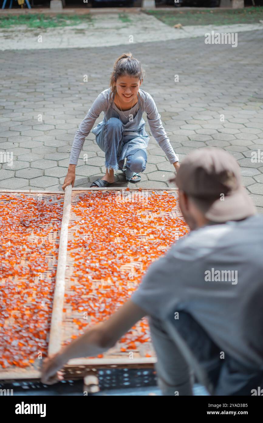 Engaging in a Collaborative Fruit Drying Process within an Outdoor Setting Stock Photo