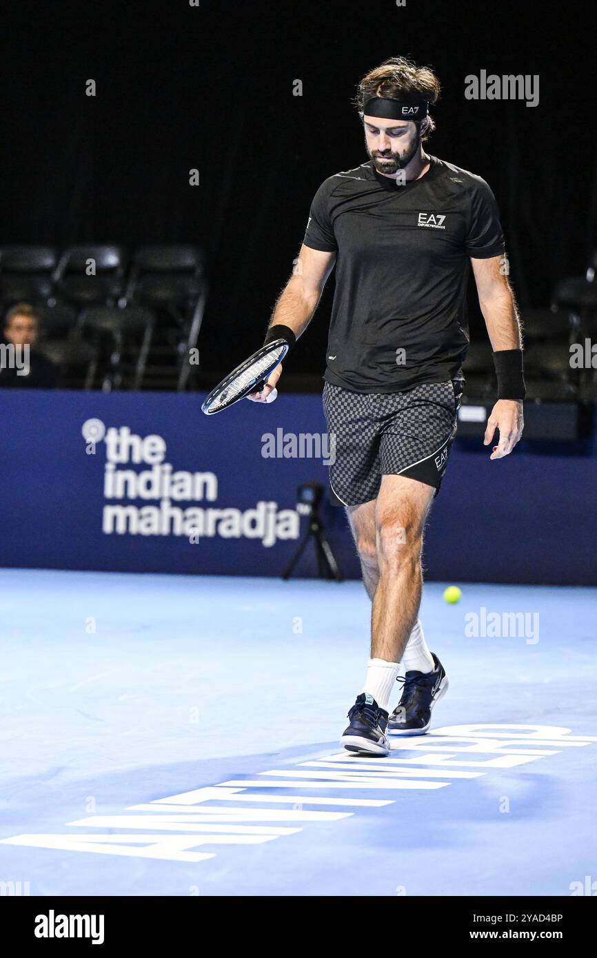 Antwerp, Belgium. 13th Oct, 2024. Georgian Nikoloz Basilashvili pictured during the qualifying phase of the European Open Tennis ATP tournament, in Antwerp, Sunday 13 October 2024. BELGA PHOTO TOM GOYVAERTS Credit: Belga News Agency/Alamy Live News Stock Photo