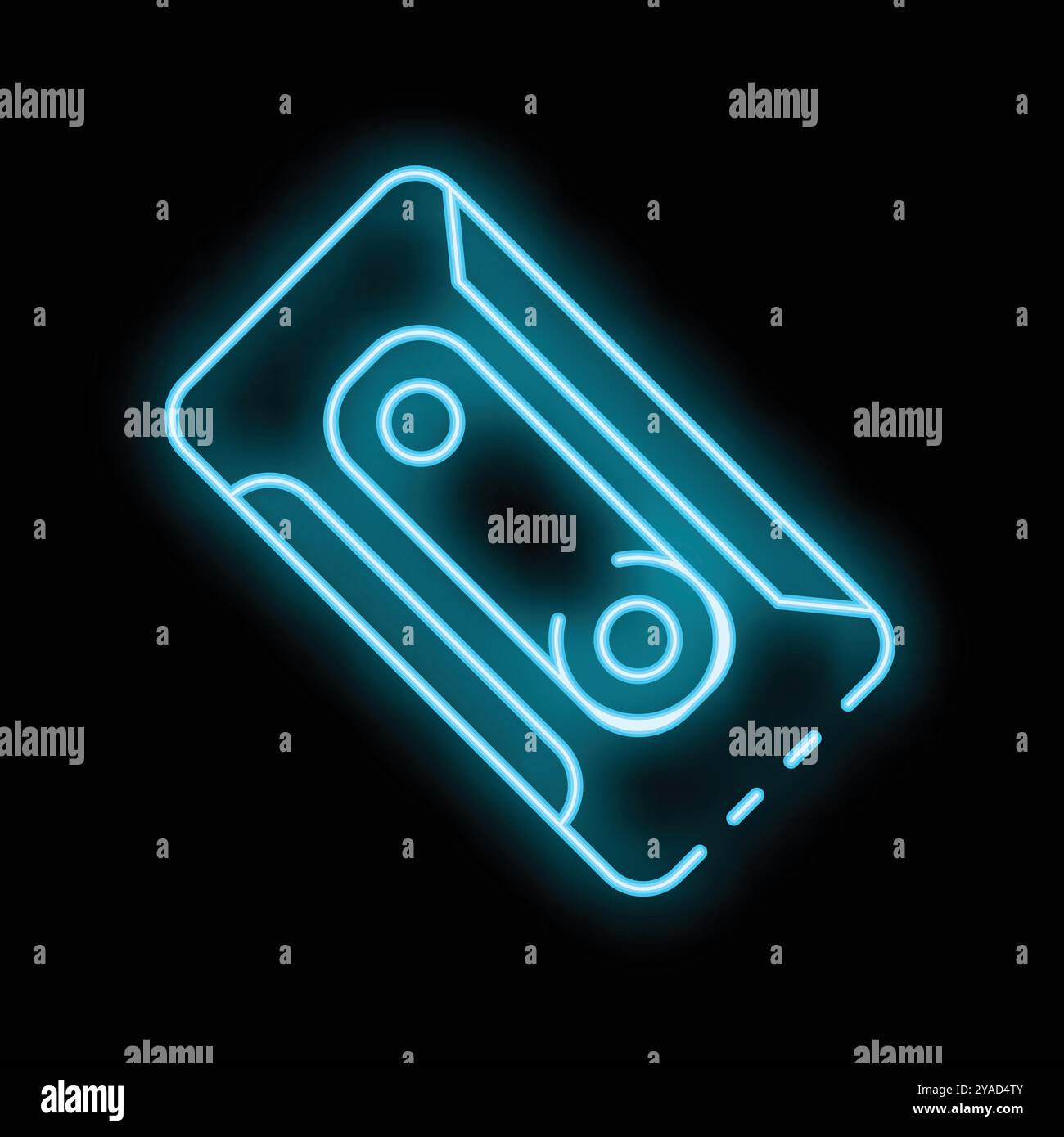 Blue neon sign of vintage audio cassette tape glowing on black ...