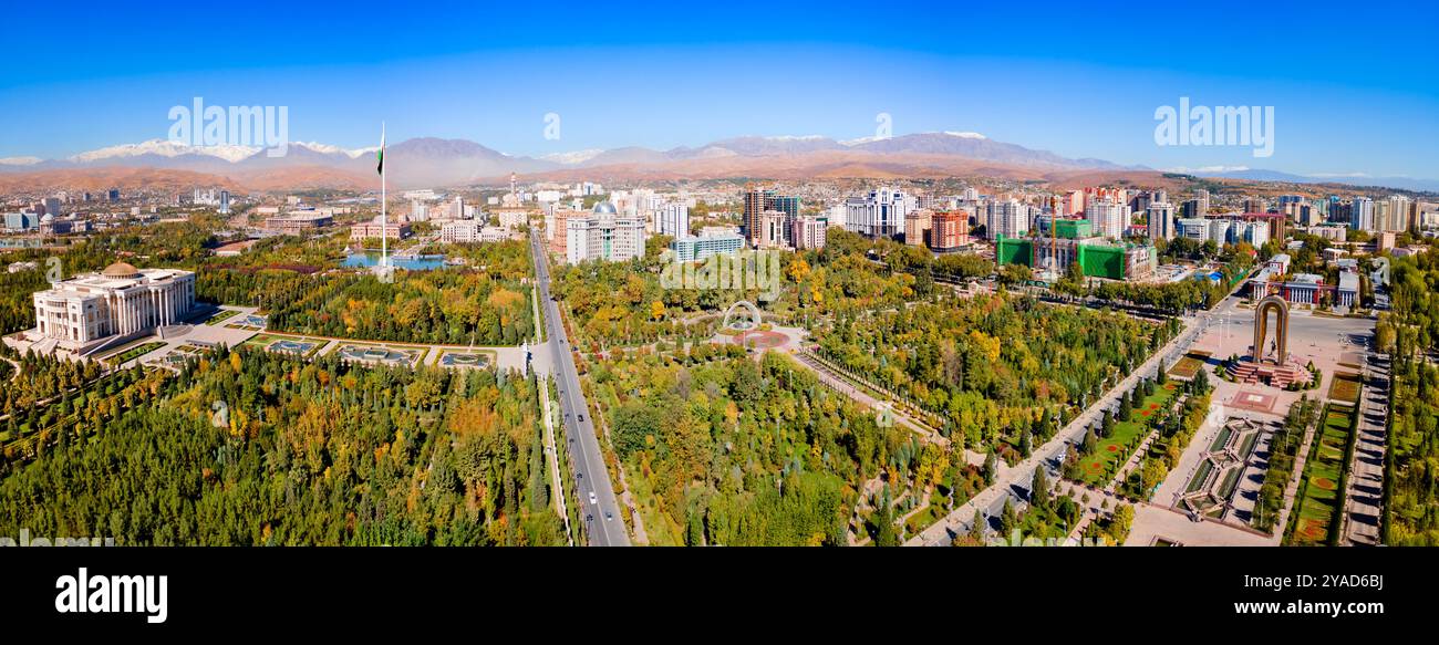 Rudaki Park aerial panoramic view in Dushanbe city centre. Dushanbe is ...