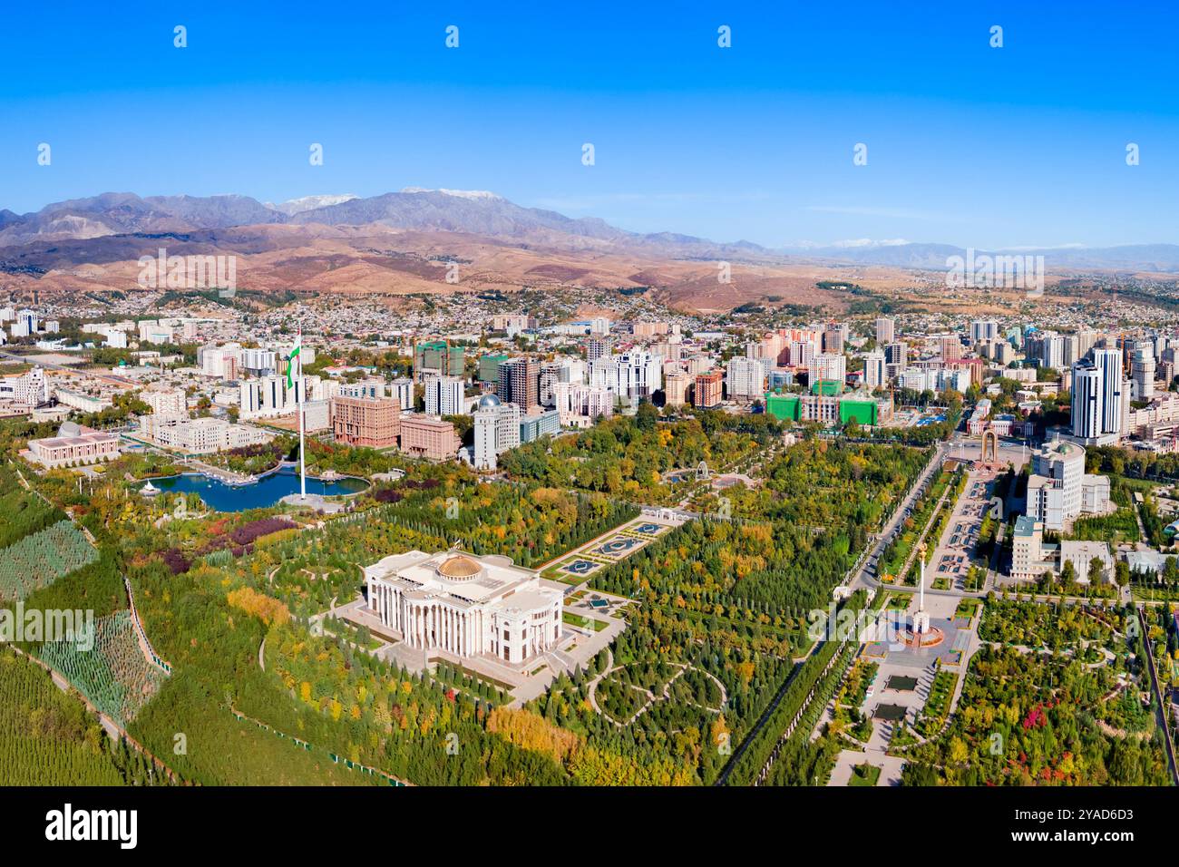 The Palace of the Nation aerial panoramic view in Dushanbe. Dushanbe is the capital city of Tajikistan. Stock Photo