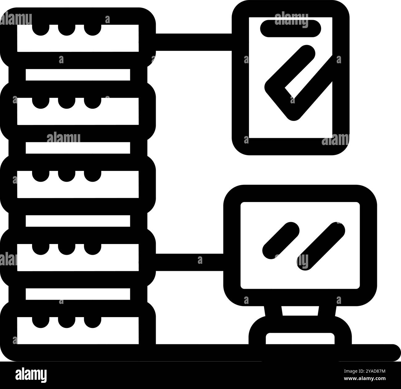 Bold line icon representing a server room data processing operation with computer monitoring system Stock Vector