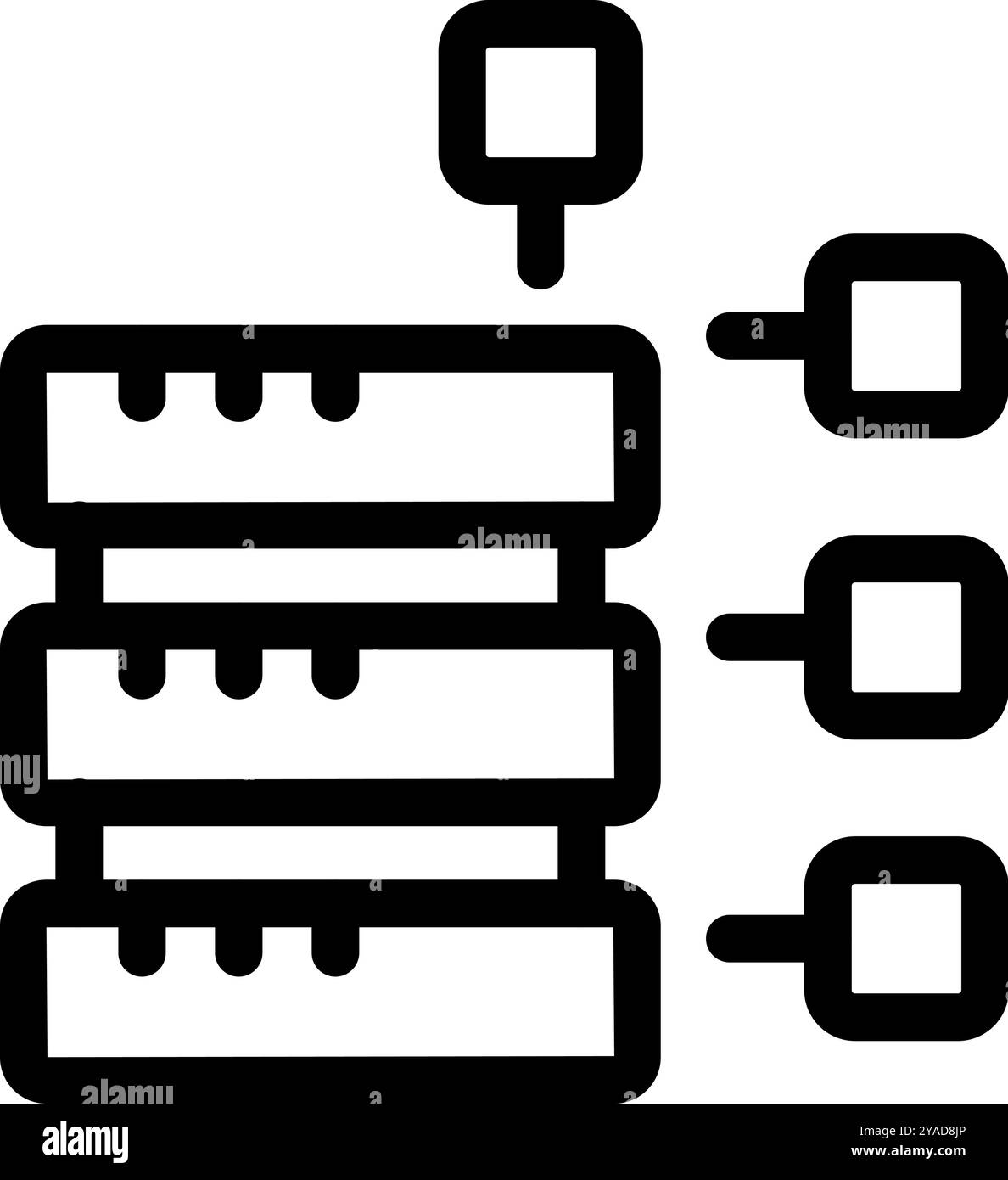 Bold line icon representing a data server connecting to multiple devices, ideal for projects related to data storage and networking Stock Vector