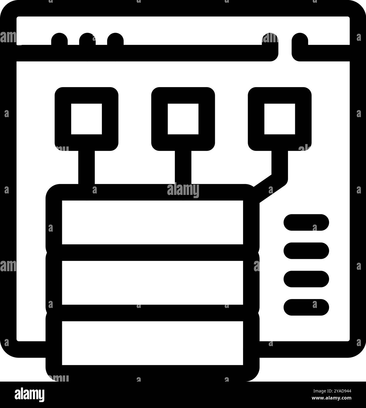 Bold line icon representing a data server connecting to a website interface with a content management system Stock Vector