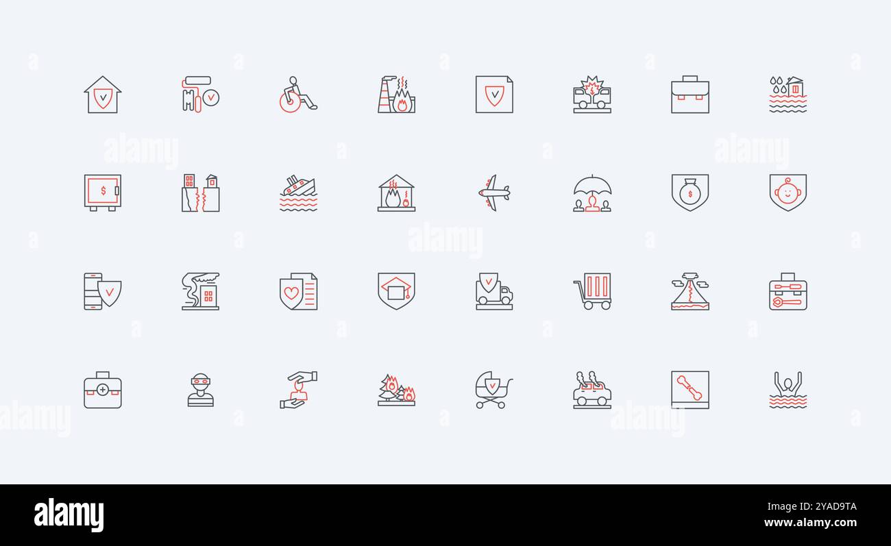Insurance policy, risk coverage, accident line icon set. Financial ...