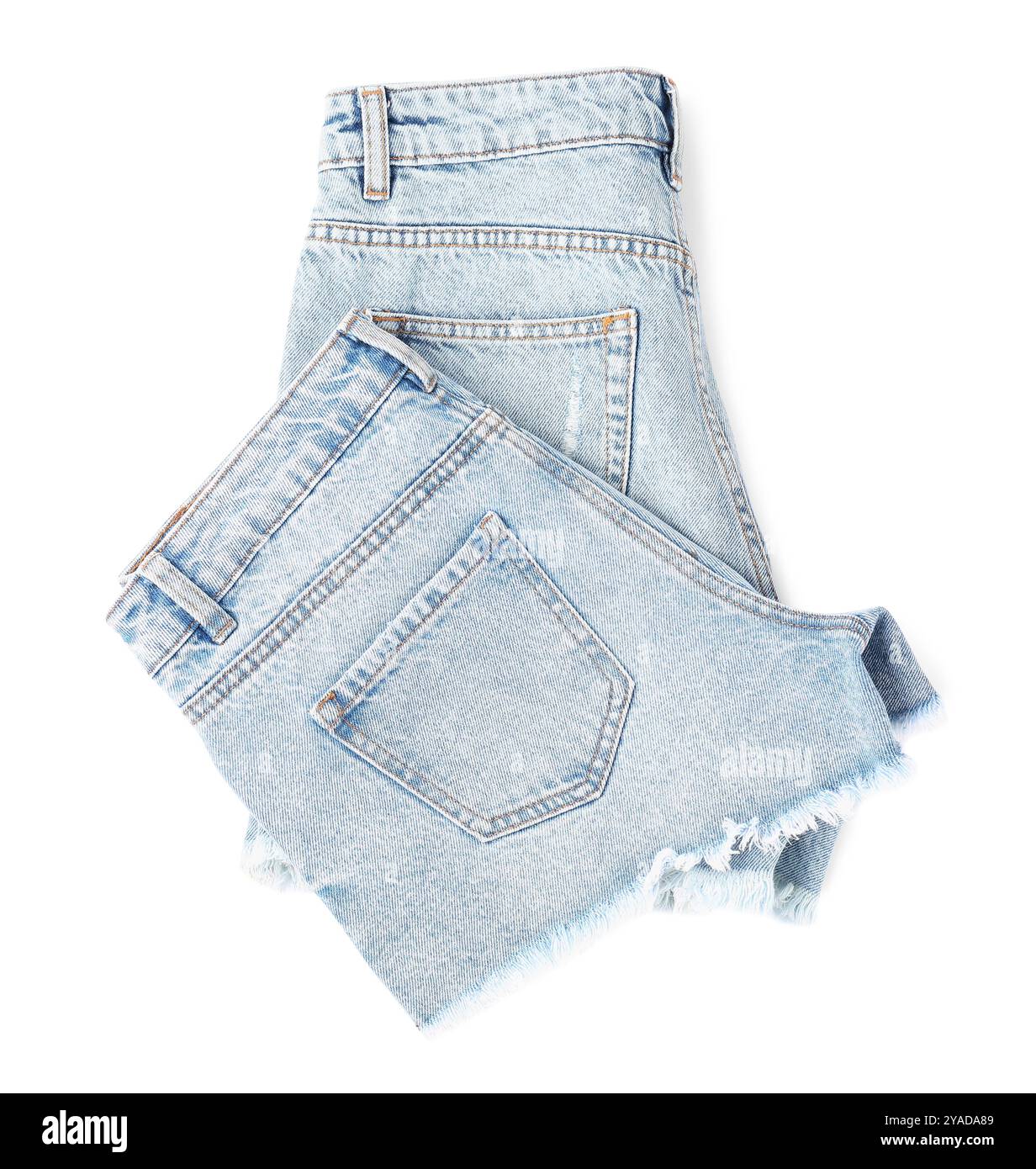 Stylish light blue denim shorts isolated on white, top view Stock Photo