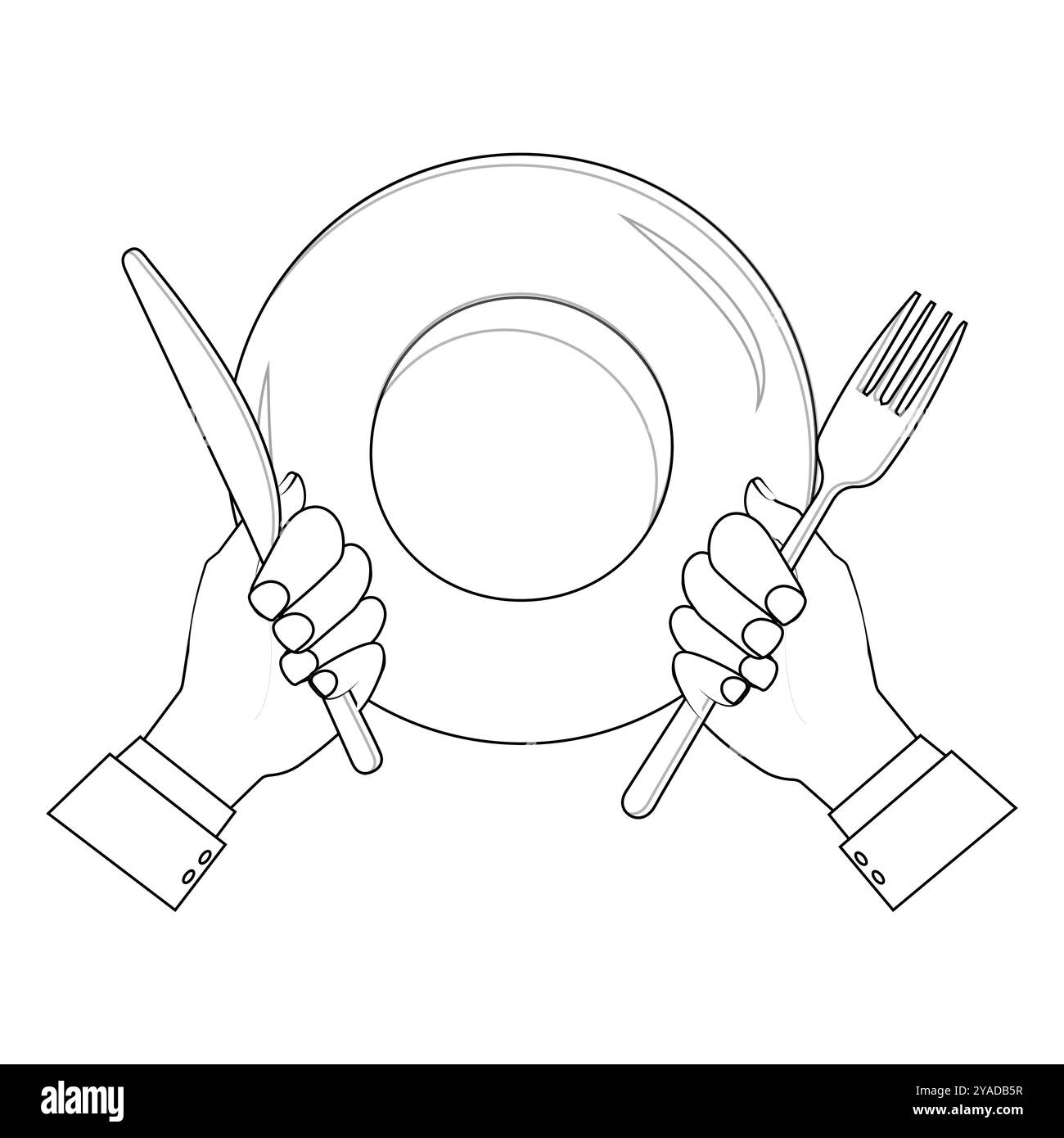 Outline Hands Holding Cutlery with Empty Plate, suitable for a coloring book. The line design is simple yet elegant, for a coloring experience Stock Vector
