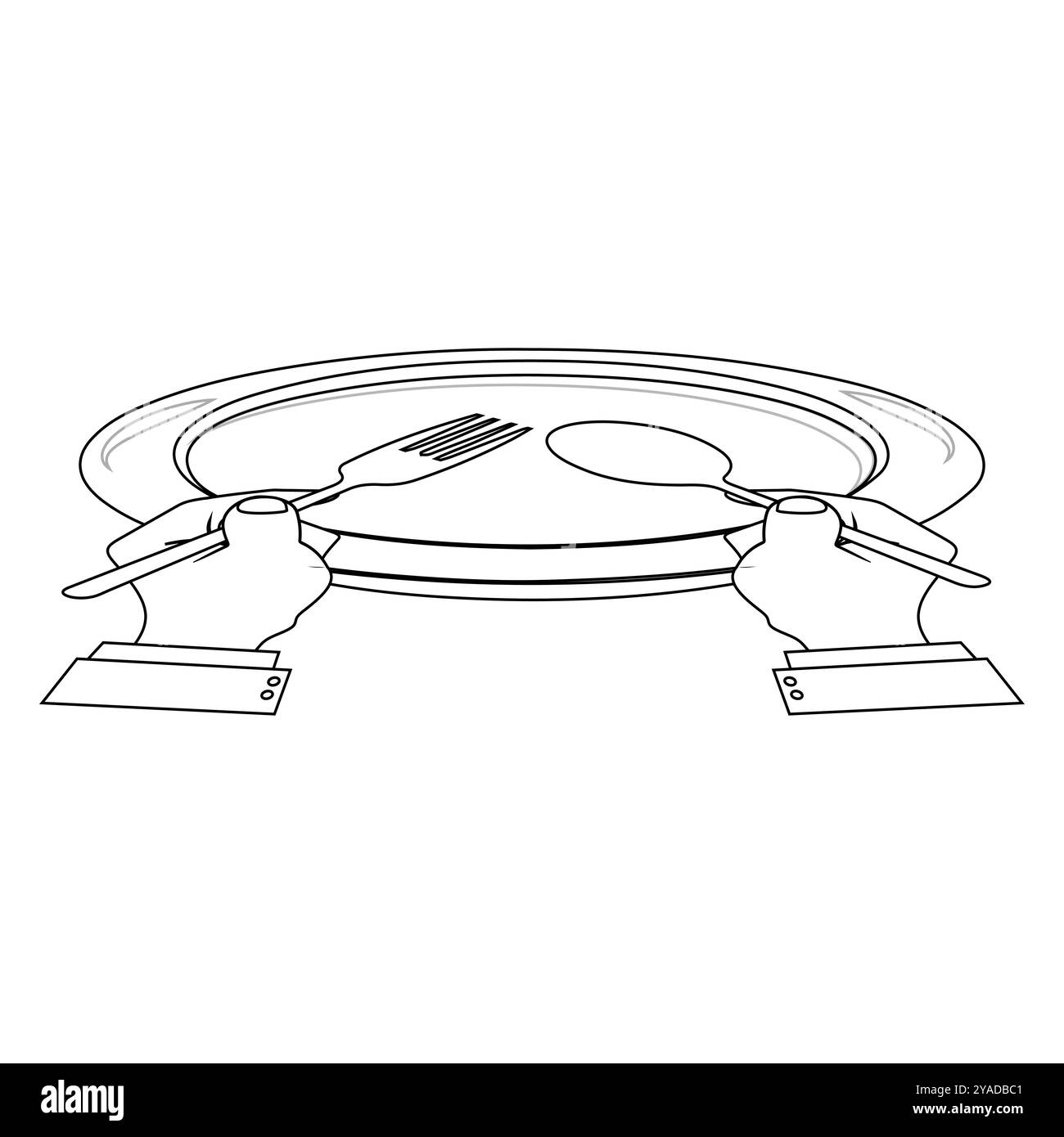 Outline Hands Holding Cutlery with Empty Plate, suitable for a coloring book. The line design is simple yet elegant, for a coloring experience Stock Vector