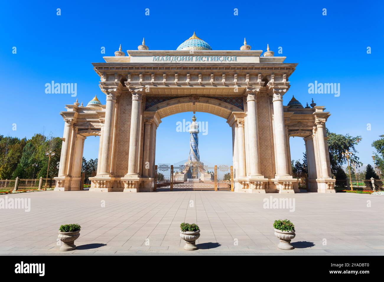 Dushanbe, Tajikistan - October 21, 2022: The Istiklol Square Gate in Dushanbe city in Tajikistan. Stock Photo