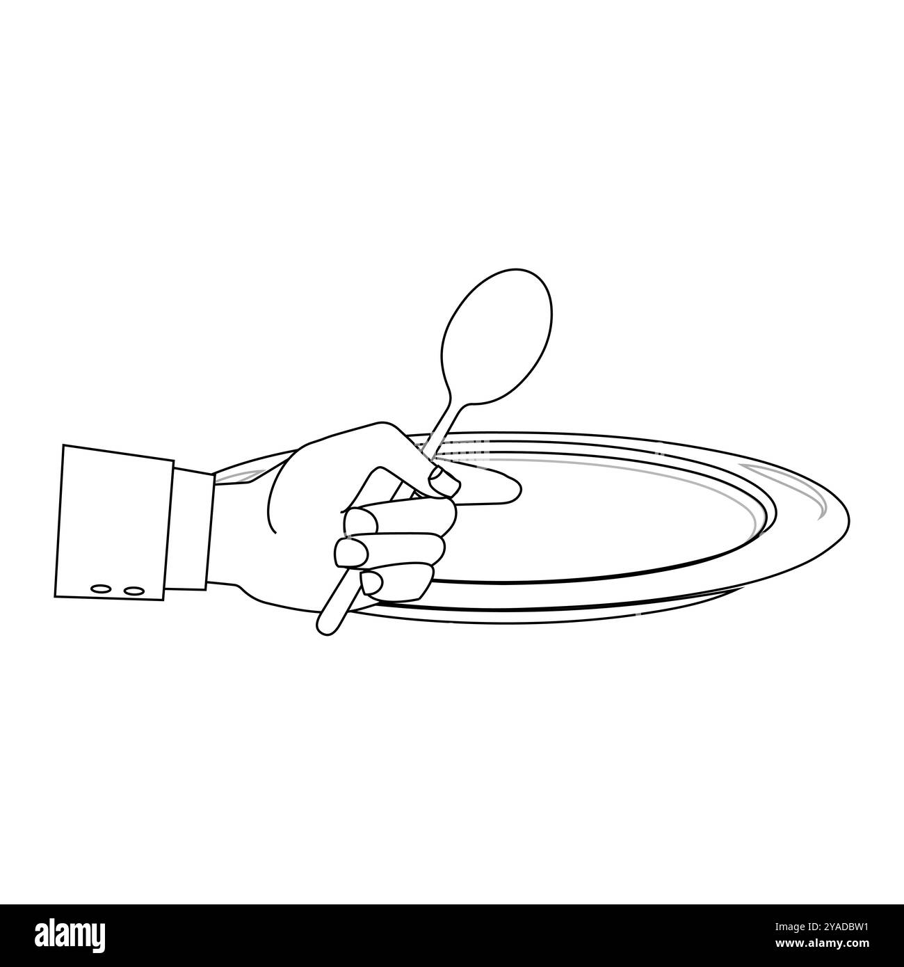 Outline Hands Holding Cutlery with Empty Plate, suitable for a coloring book. The line design is simple yet elegant, for a coloring experience Stock Vector