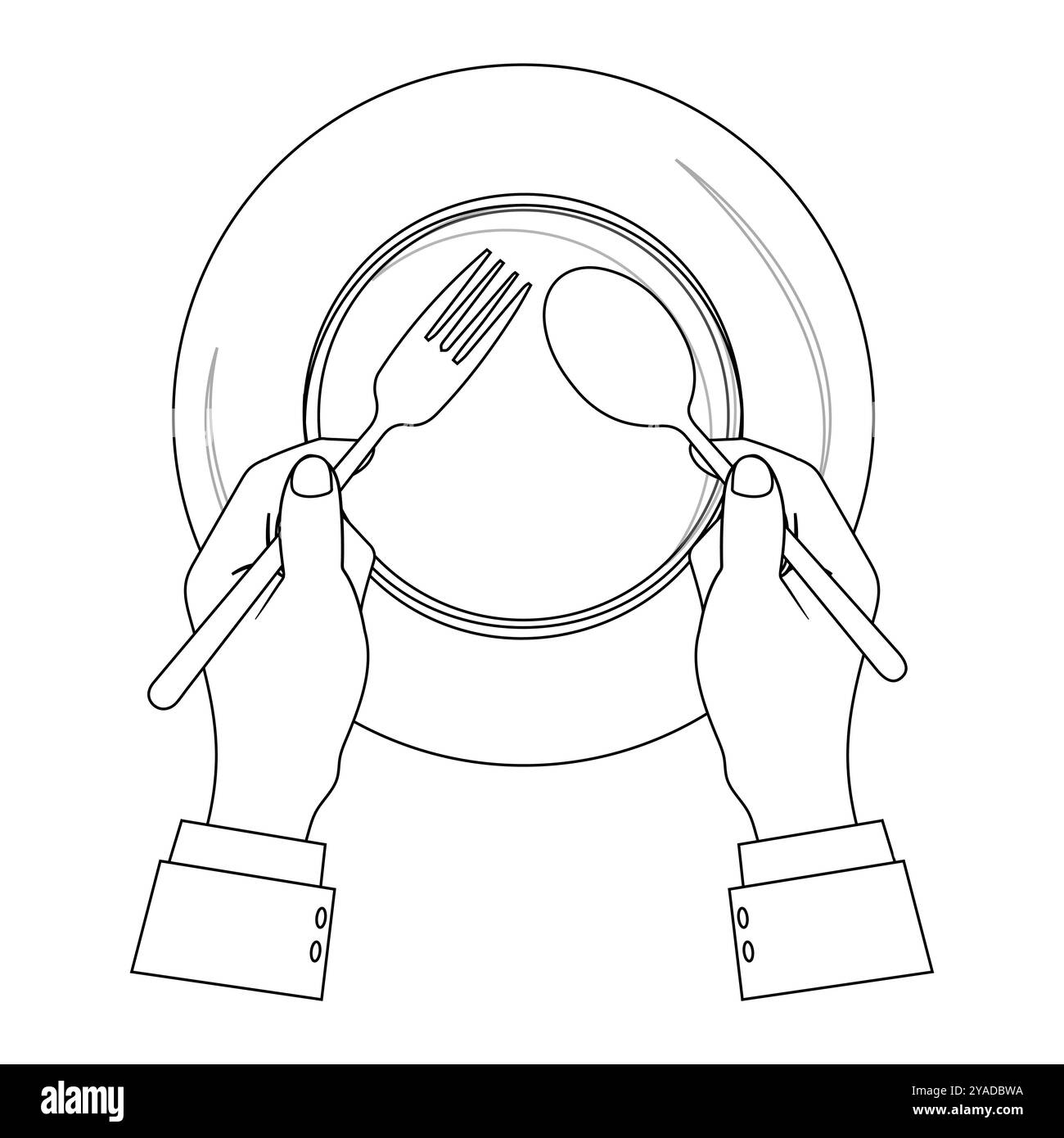 Outline Hands Holding Cutlery with Empty Plate, suitable for a coloring book. The line design is simple yet elegant, for a coloring experience Stock Vector