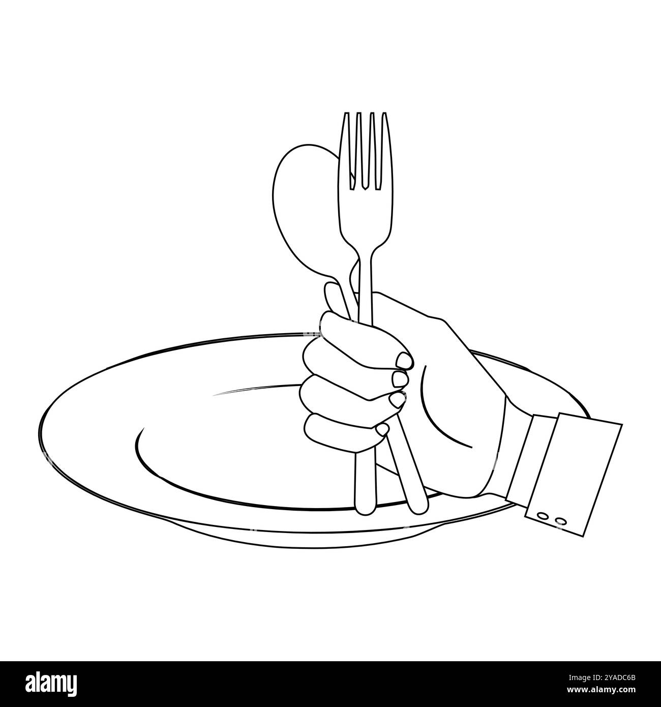 Outline Hands Holding Cutlery with Empty Plate, suitable for a coloring book. The line design is simple yet elegant, for a coloring experience Stock Vector