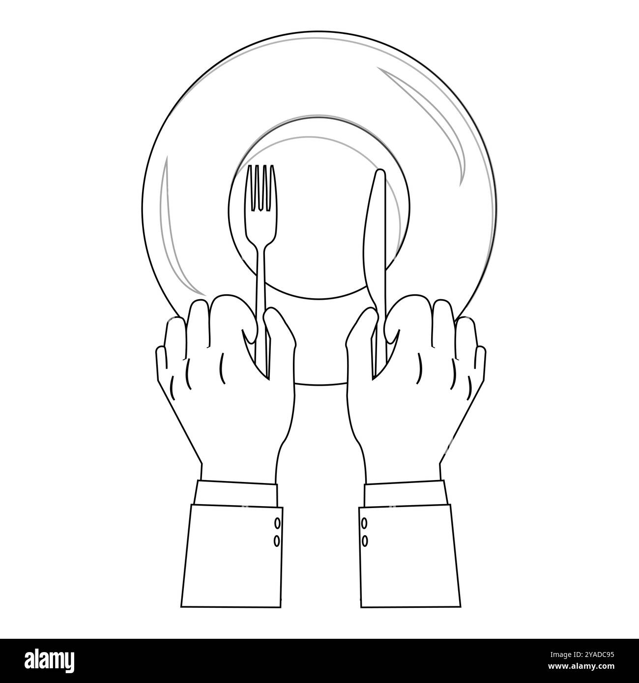 Outline Hands Holding Cutlery with Empty Plate, suitable for a coloring book. The line design is simple yet elegant, for a coloring experience Stock Vector