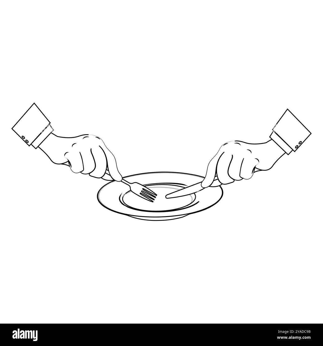 Outline Hands Holding Cutlery with Empty Plate, suitable for a coloring book. The line design is simple yet elegant, for a coloring experience Stock Vector