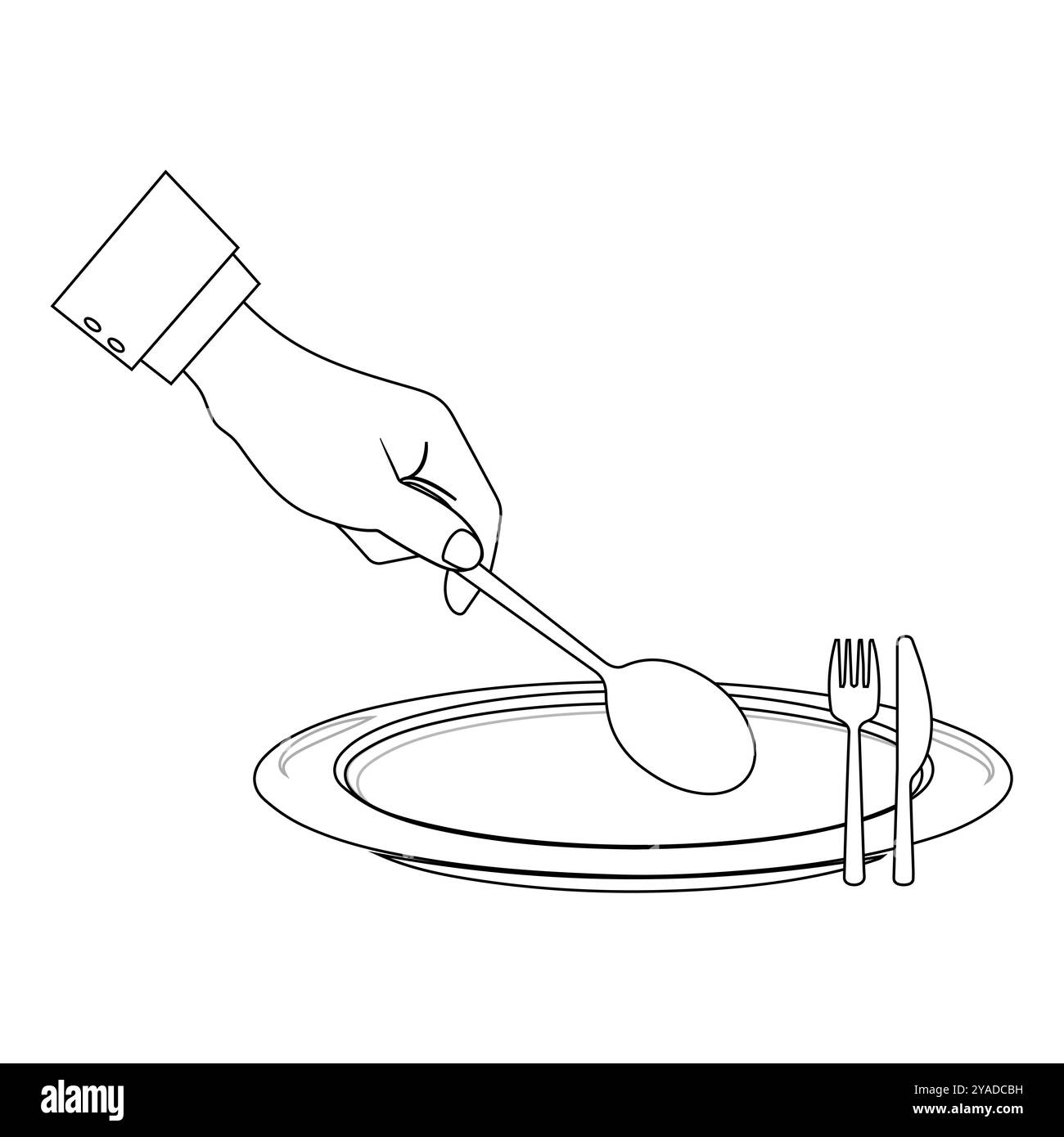 Outline Hands Holding Cutlery with Empty Plate, suitable for a coloring book. The line design is simple yet elegant, for a coloring experience Stock Vector