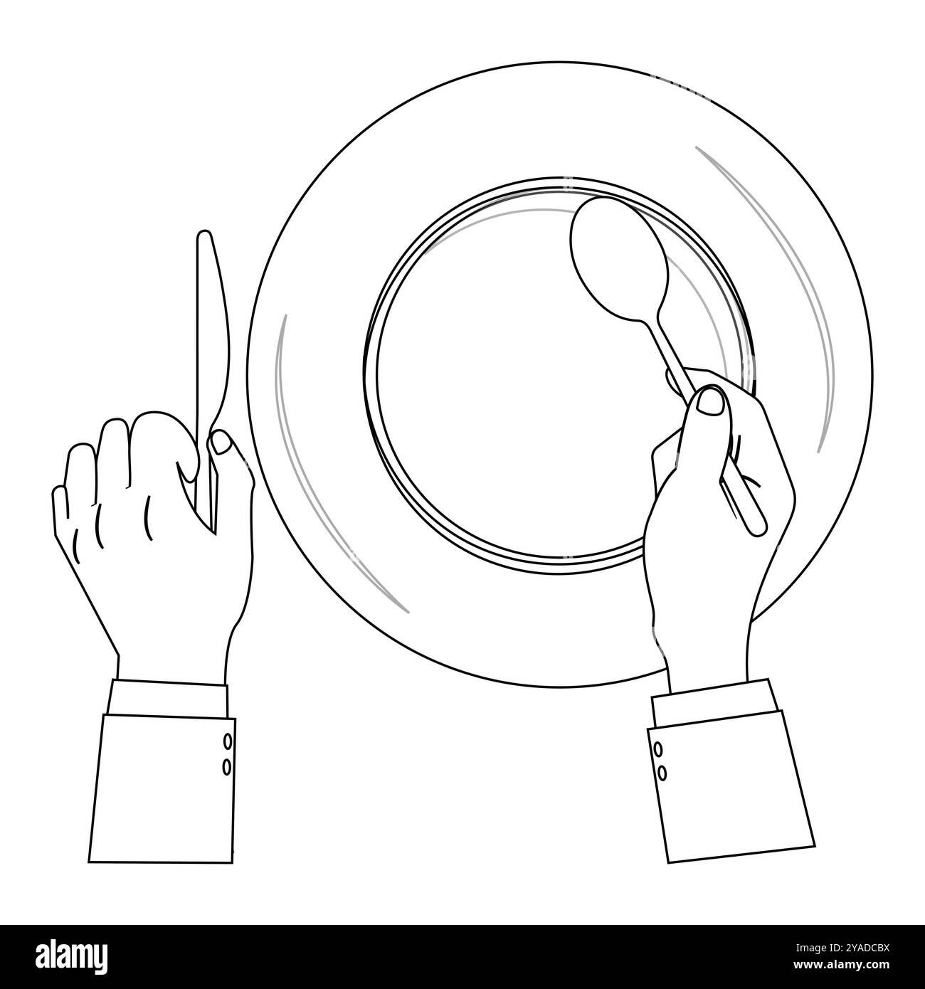 Outline Hands Holding Cutlery with Empty Plate, suitable for a coloring book. The line design is simple yet elegant, for a coloring experience Stock Vector