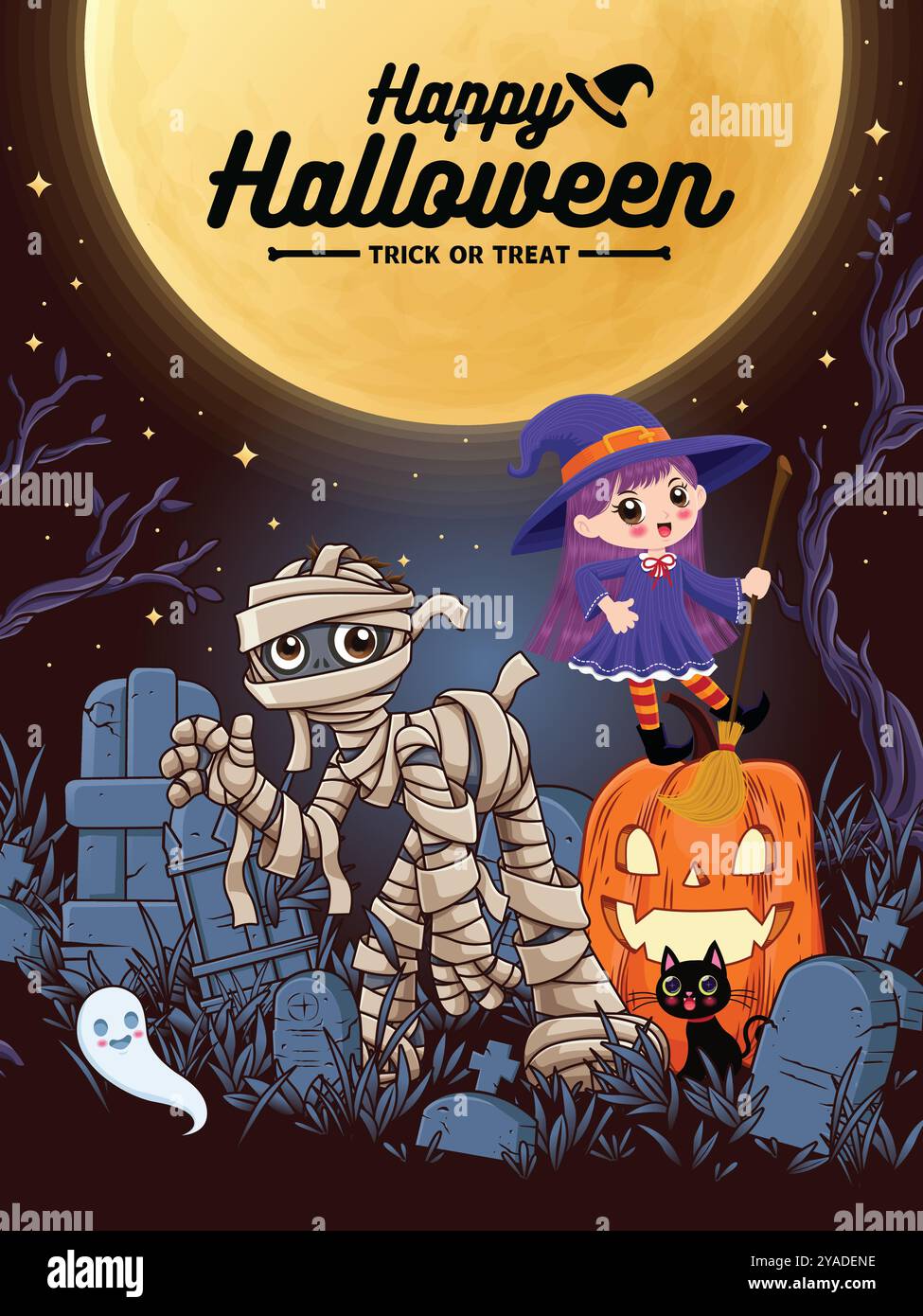 Vintage Halloween poster design with vector mummy, witch, ghost ...