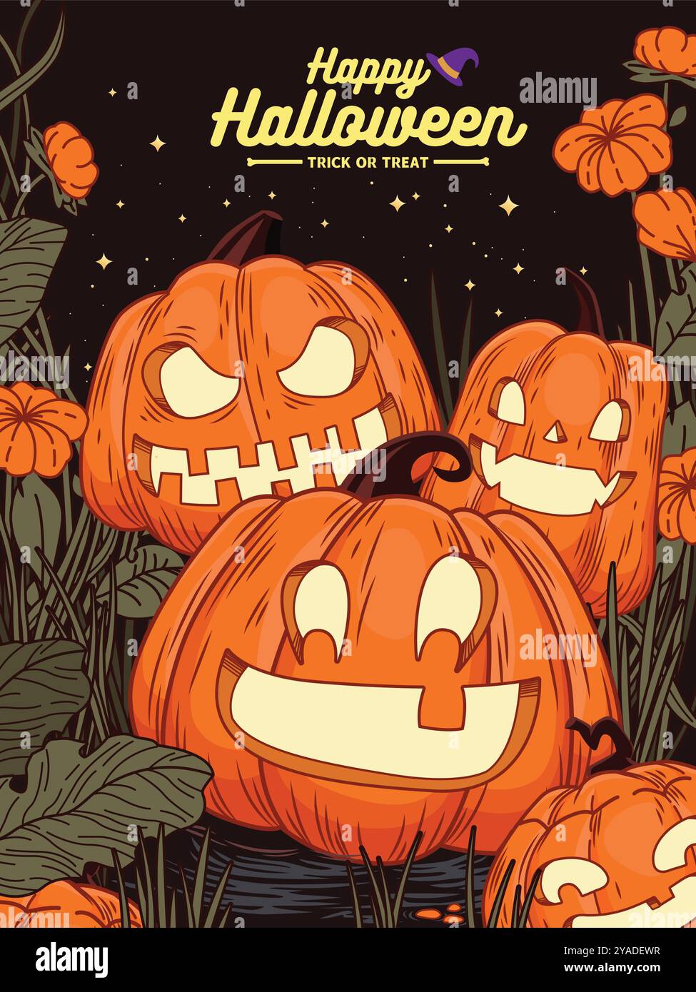 Vintage Halloween poster design with vector jack o lantern character ...