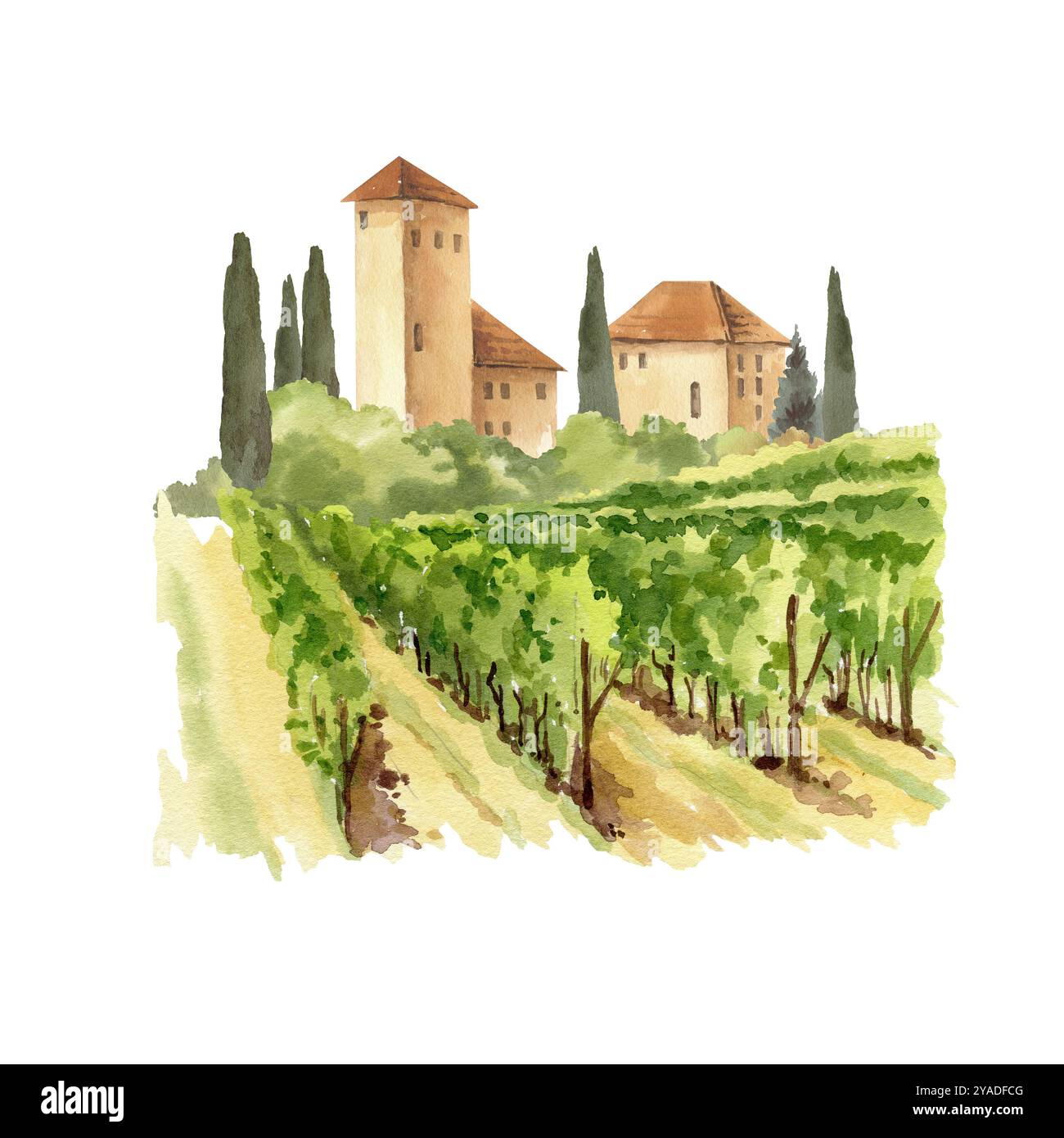 Italian rural landscape with ancient houses, towers, vineyard, bushes, fields and hills, cypress trees, watercolor illustration of Mediterranean Europ Stock Photo