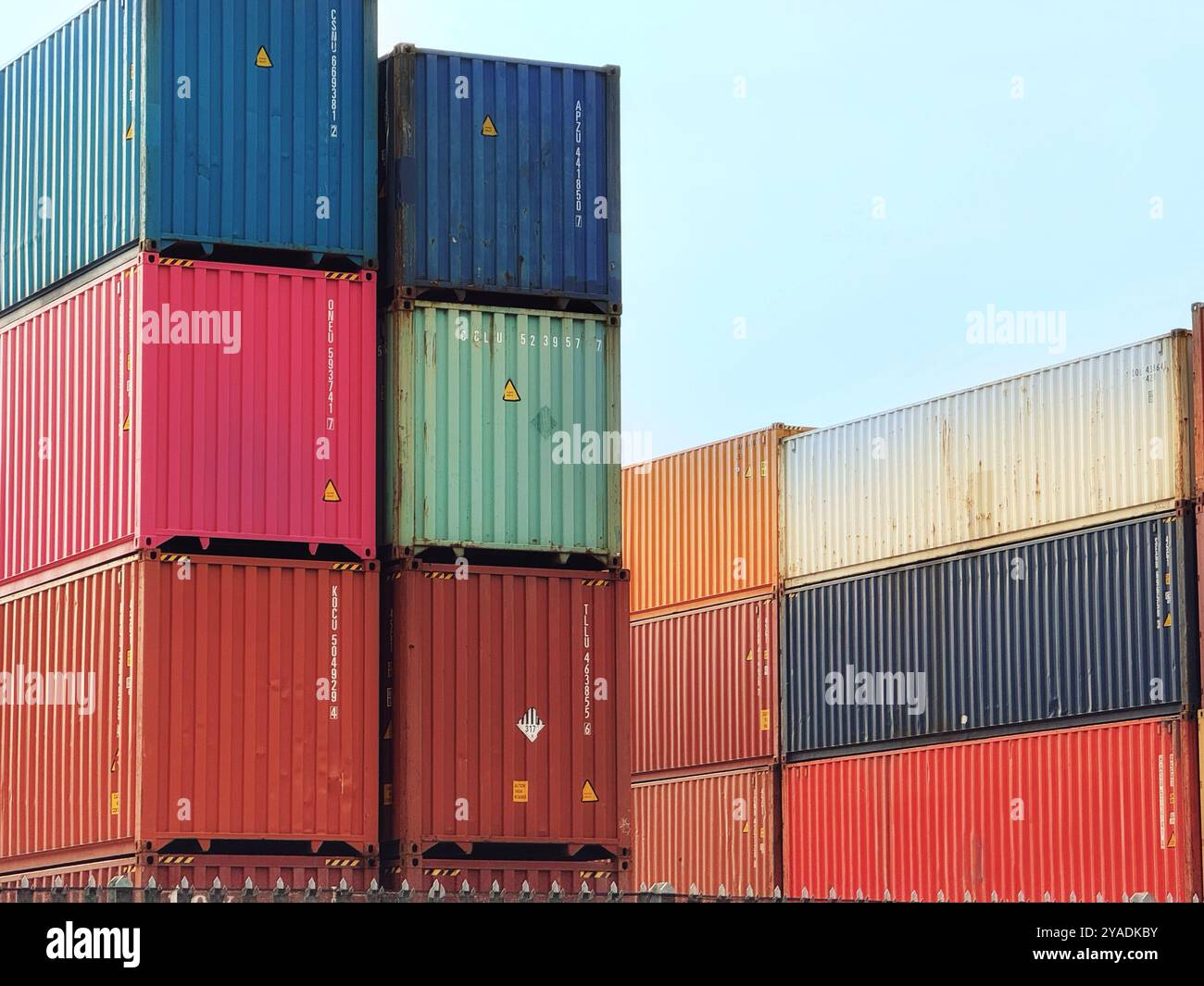 Shipping containers stacked for storage in depot, Trafford, Manchester, UK - Smartphone Captured Stock Image