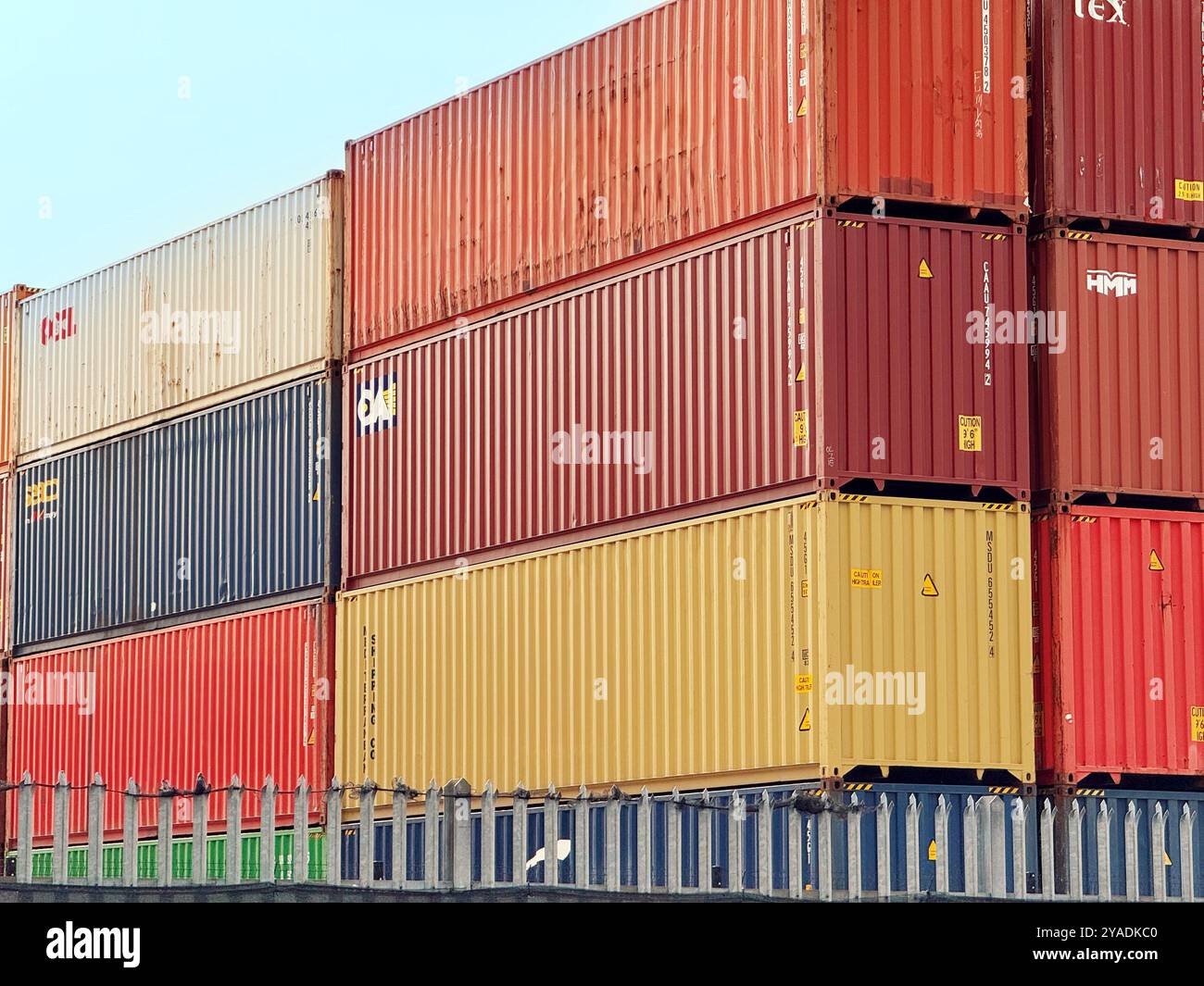 Shipping containers stacked for storage in depot, Trafford, Manchester, UK - Smartphone Captured Stock Image