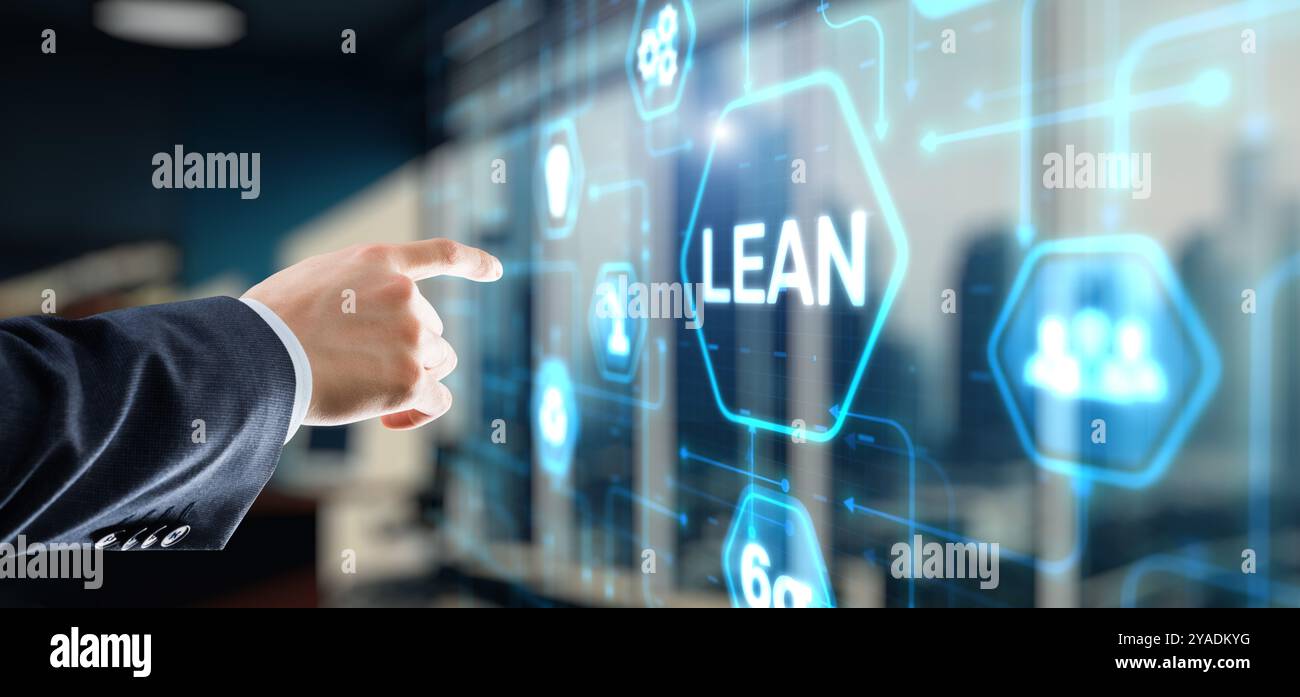 Lean manufacturing. Quality and standardization. Icon on Virtual screen. Stock Photo