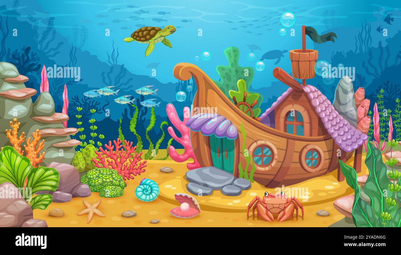 Underwater game landscape with sunken boat house and undersea fishes ...