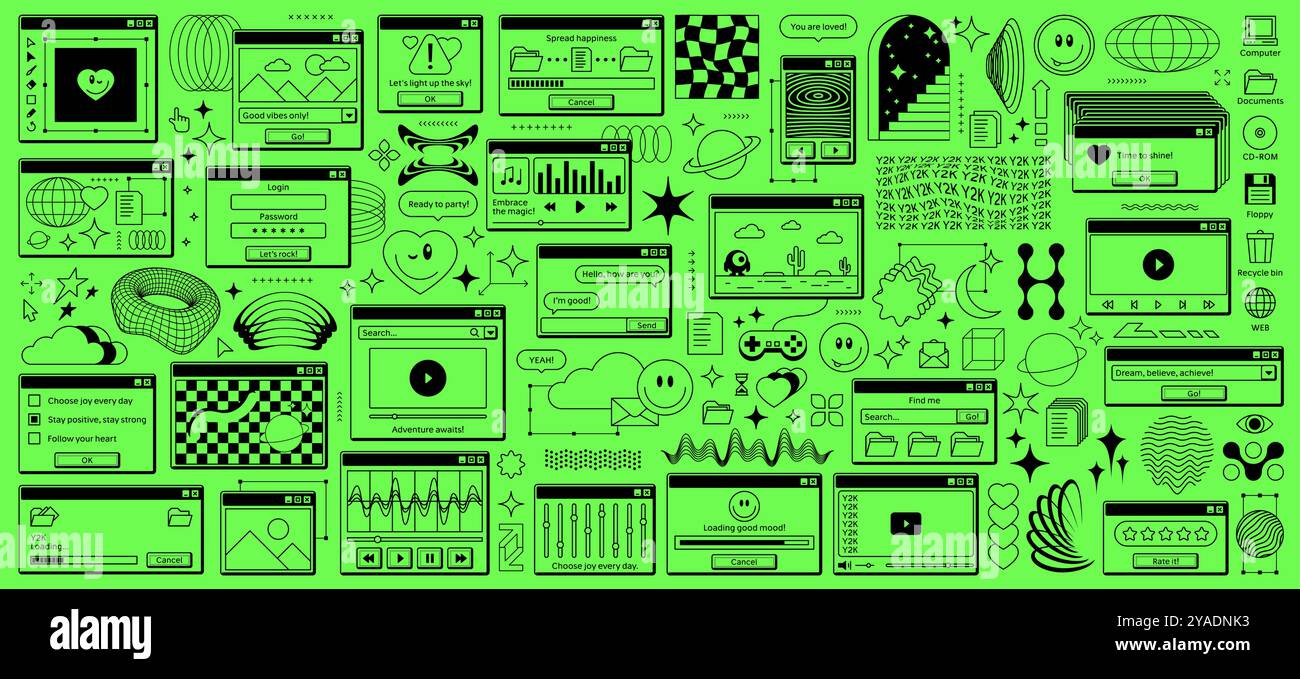 y2k rave retro computer window stickers, browser page interface. Vector ...