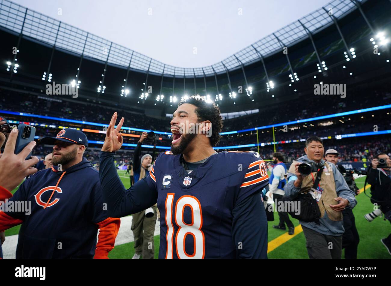 Chicago Bears' Caleb Williams (centre) celebrate on the pitch after the NFL International match at the Tottenham Hotspur Stadium, London. Picture date: Sunday October 13, 2024. Stock Photo