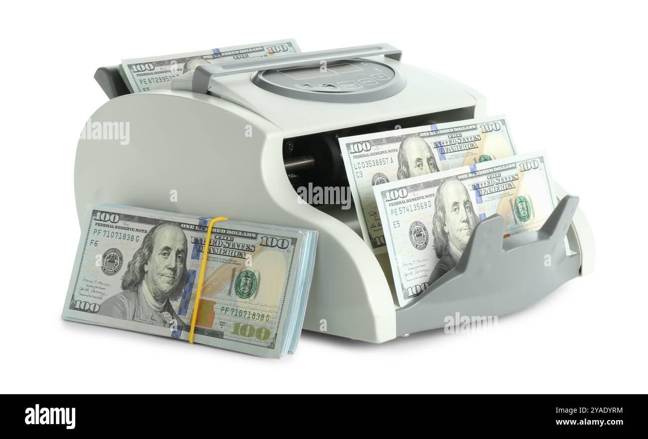 Money counter machine and dollar banknotes isolated on white Stock ...