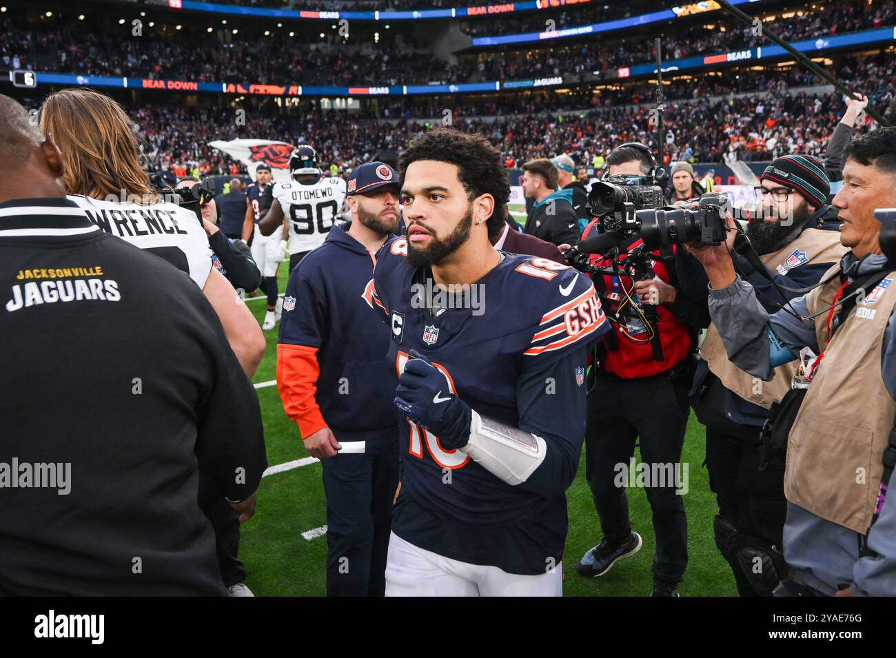 Caleb Williams of the Chicago Bears after the Week 6 match Chicago Bears vs Jacksonville Jaguars at Tottenham Hotspur Stadium, London, United Kingdom, 13th October 2024  (Photo by Craig Thomas/News Images) Stock Photo