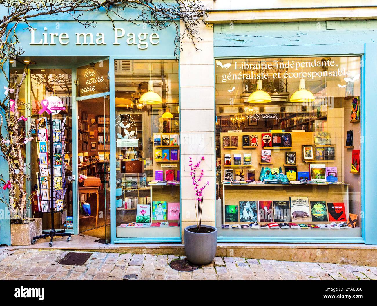 Entrance and front window display of "Lire ma Page" independent bookshop - Loches, Indre-et-Loire (37), France. Stock Photo