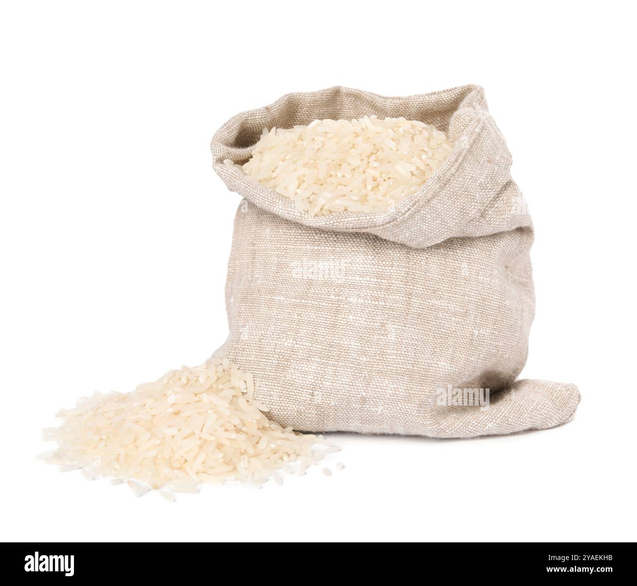 Raw rice in sack isolated on white Stock Photo - Alamy